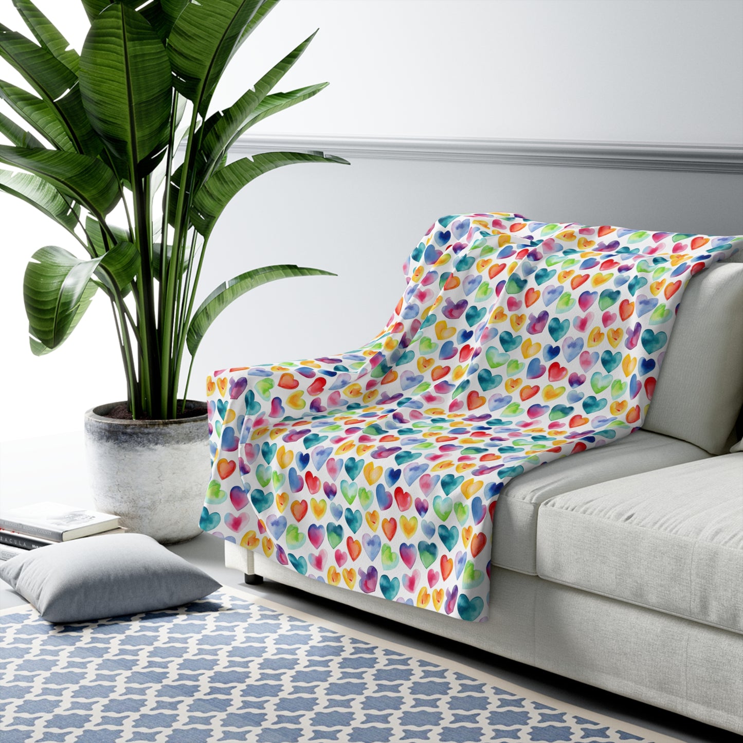 Watercolor Hearts - Rainbow - Multi - Beautiful, Shabby Chic, Boho, Fun - Sherpa Fleece Blanket