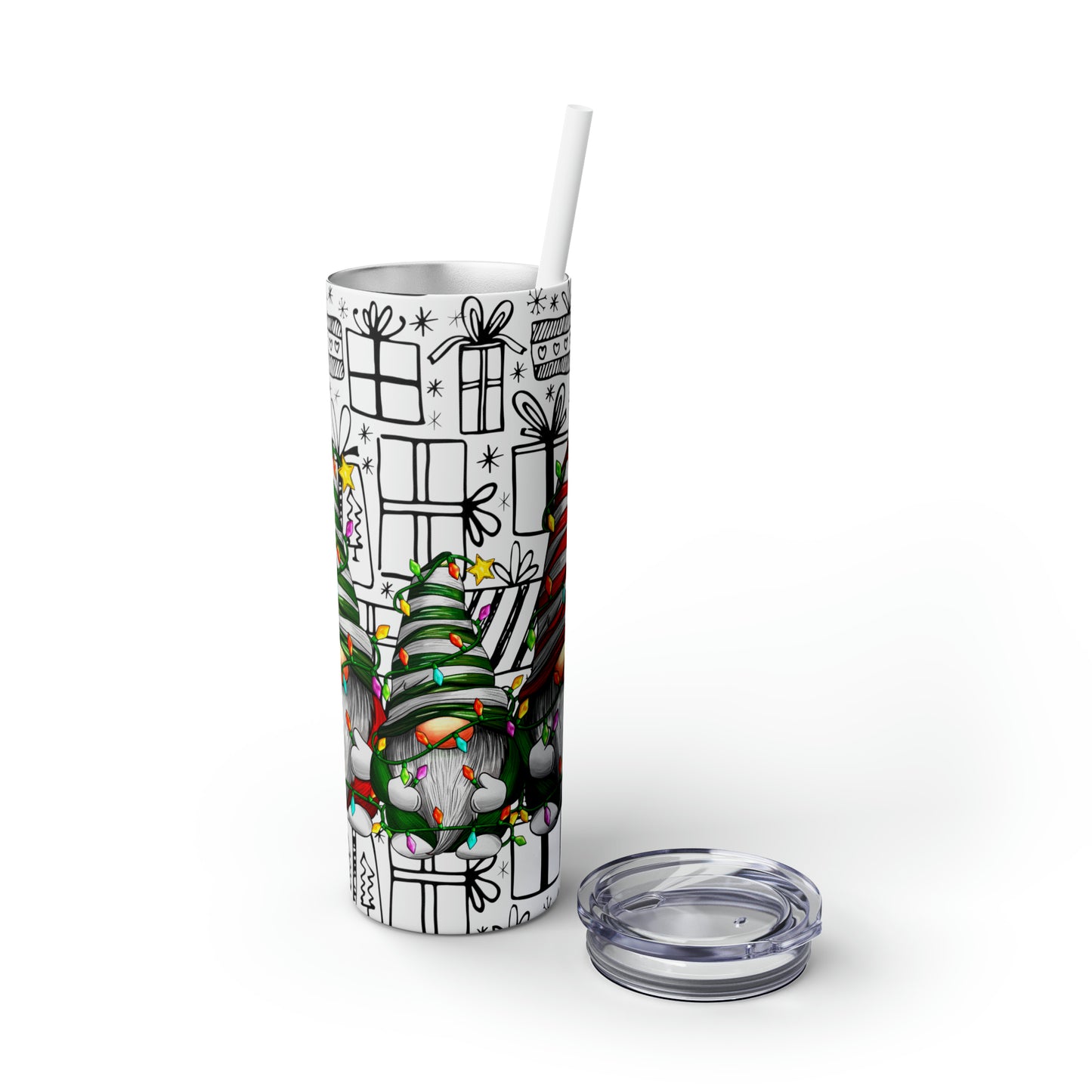 Merry Christmas Gnomes with Lights - Hand Drawn Presents - Skinny Tumbler with Straw, 20oz - Stainless Steel