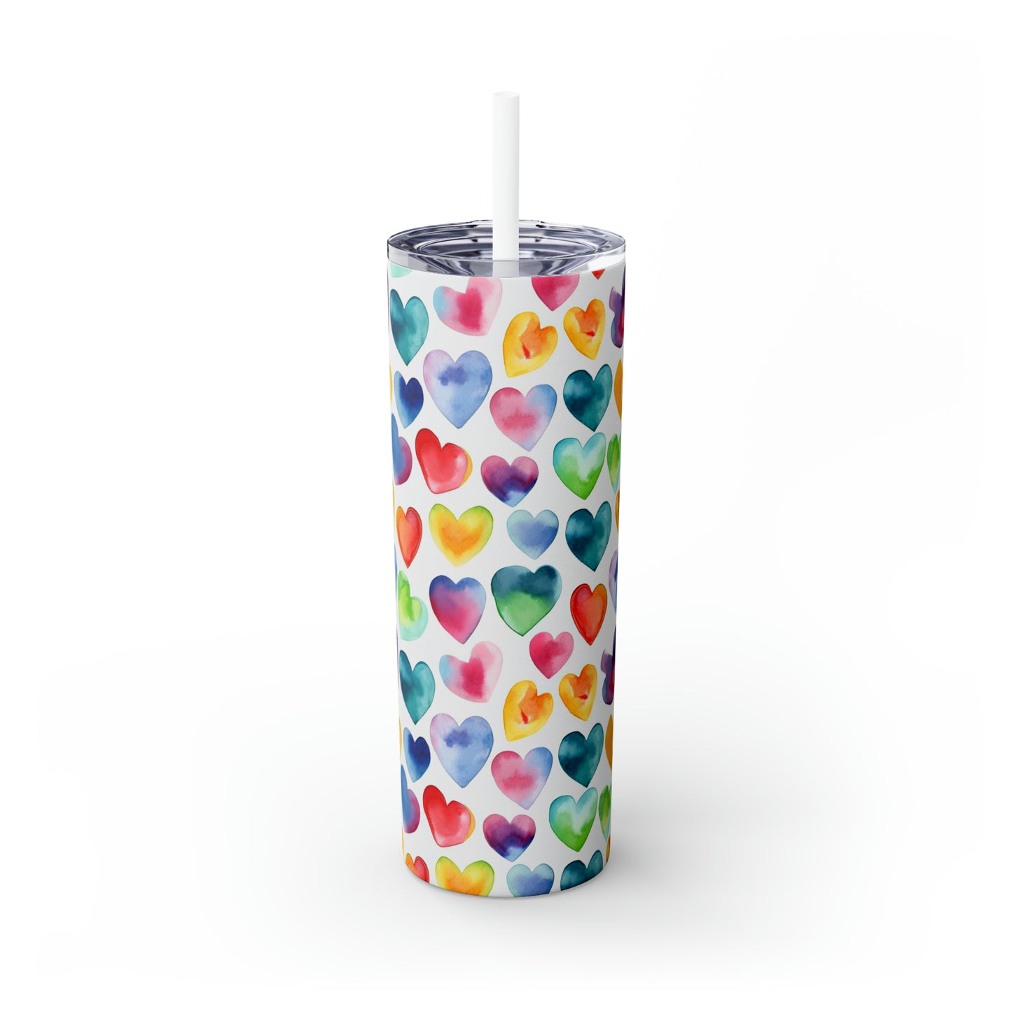 Watercolor Hearts - Rainbow - Multi - Skinny Tumbler with Straw, 20oz - Stainless Steel
