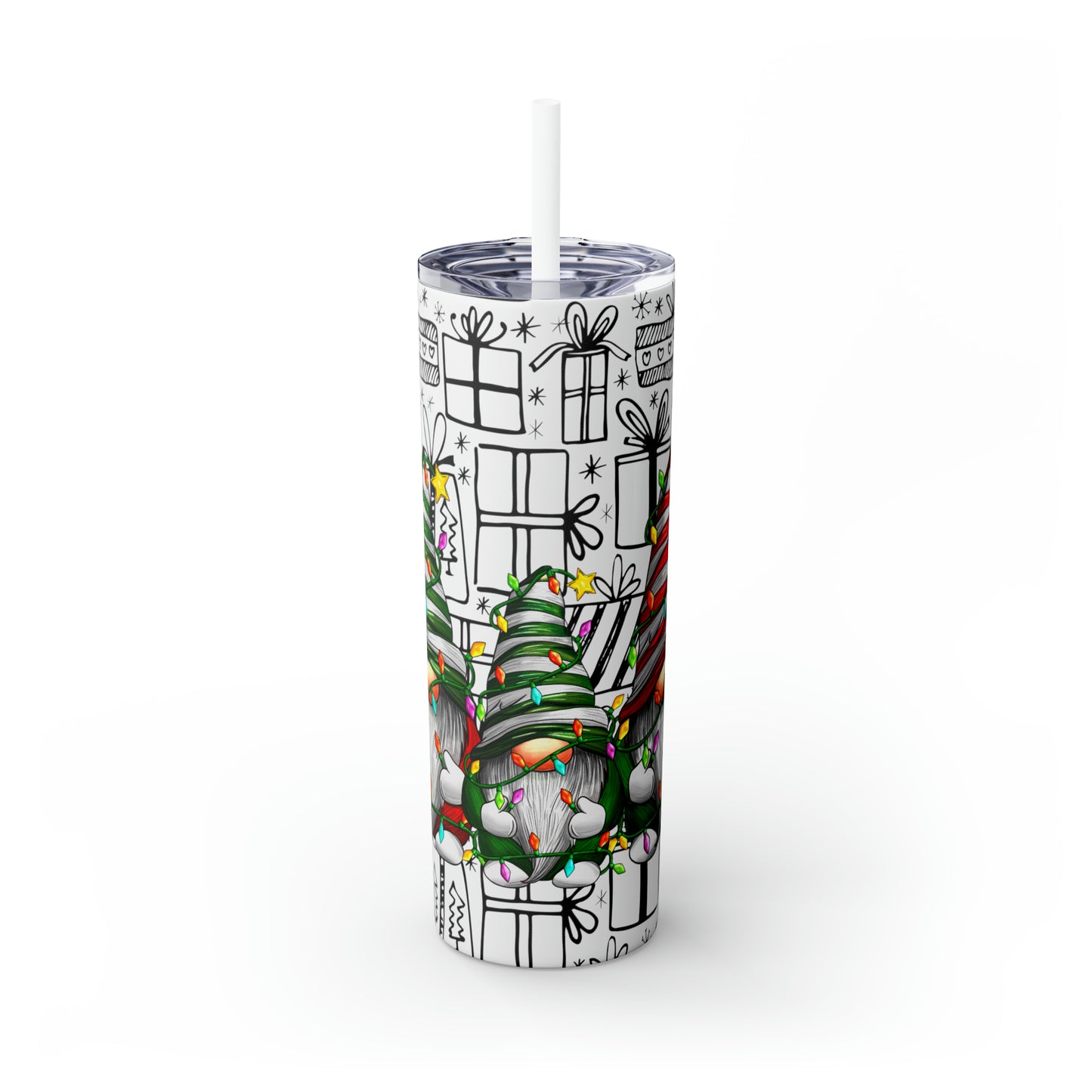 Merry Christmas Gnomes with Lights - Hand Drawn Presents - Skinny Tumbler with Straw, 20oz - Stainless Steel