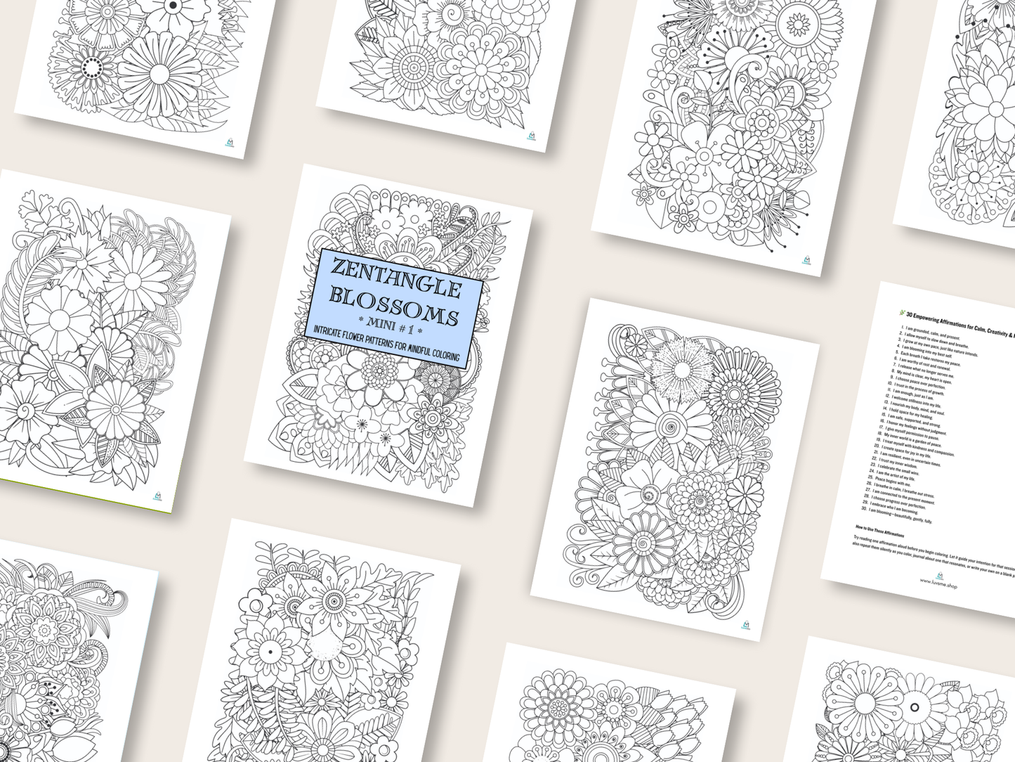 Zentangle Blossoms - Mini 1 - Intricate Flower Patterns for Mindful Coloring - Digital Download