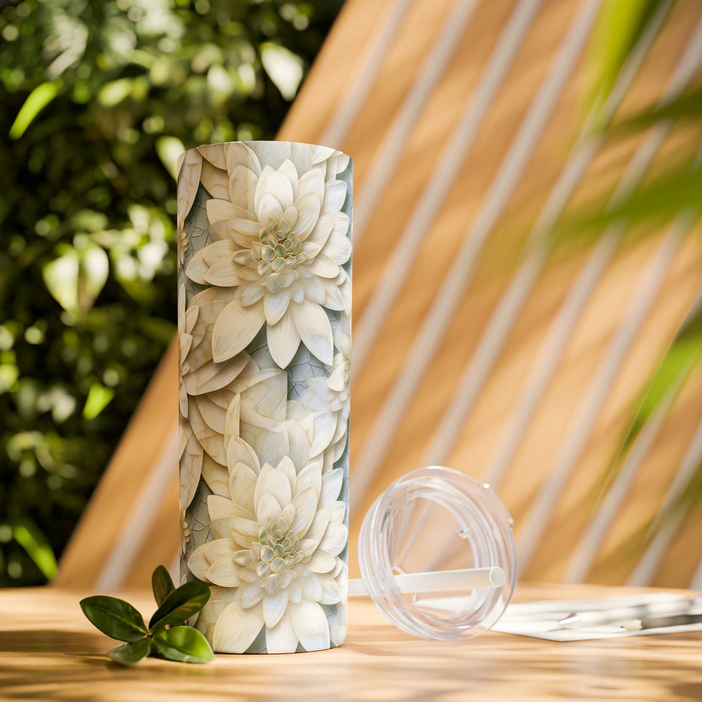 Mosaic White Lotus 7 - Skinny Tumbler with Straw, 20oz - Stainless Steel