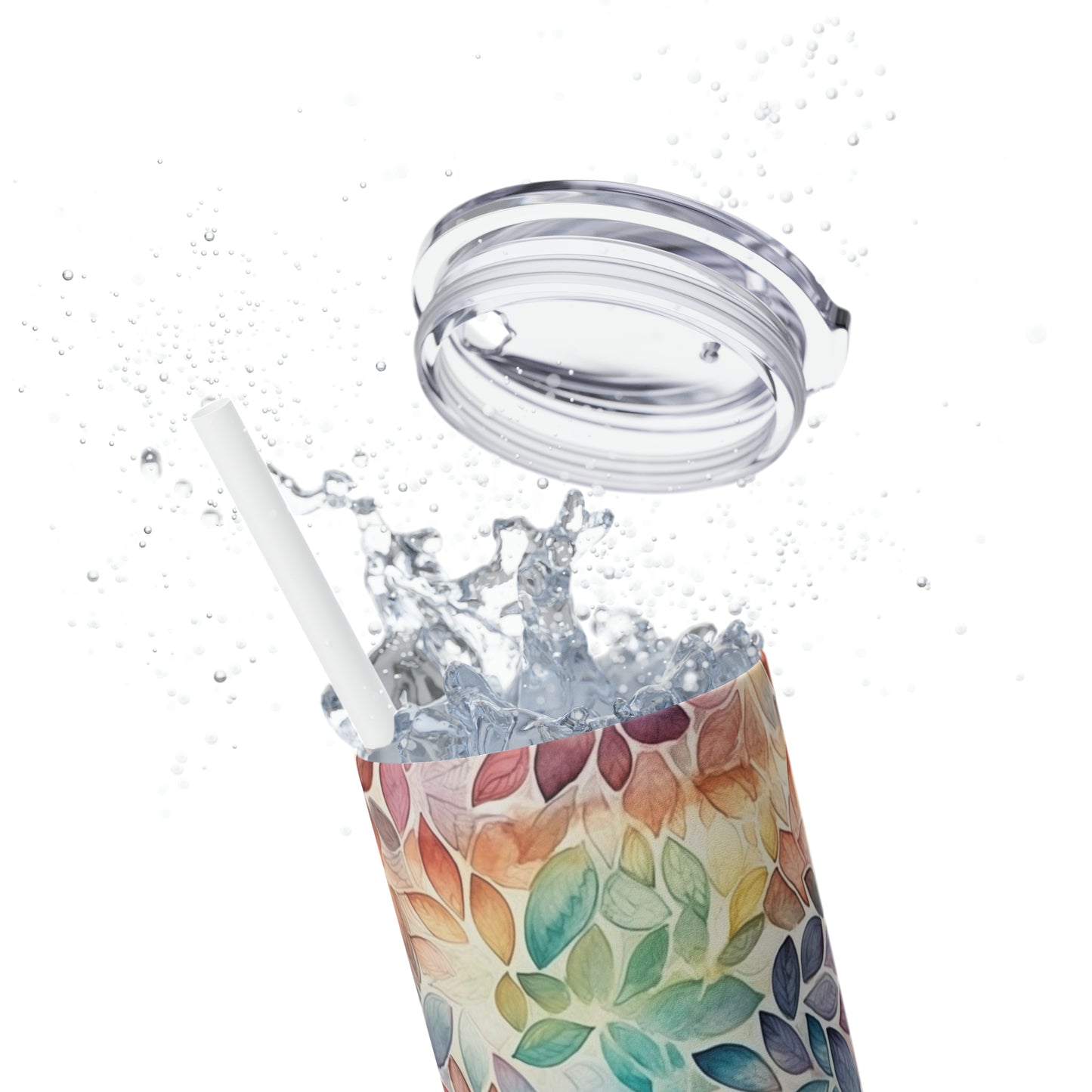 Multicolor Rainbow Watercolor Leaves - Skinny Tumbler with Straw, 20oz - Stainless Steel