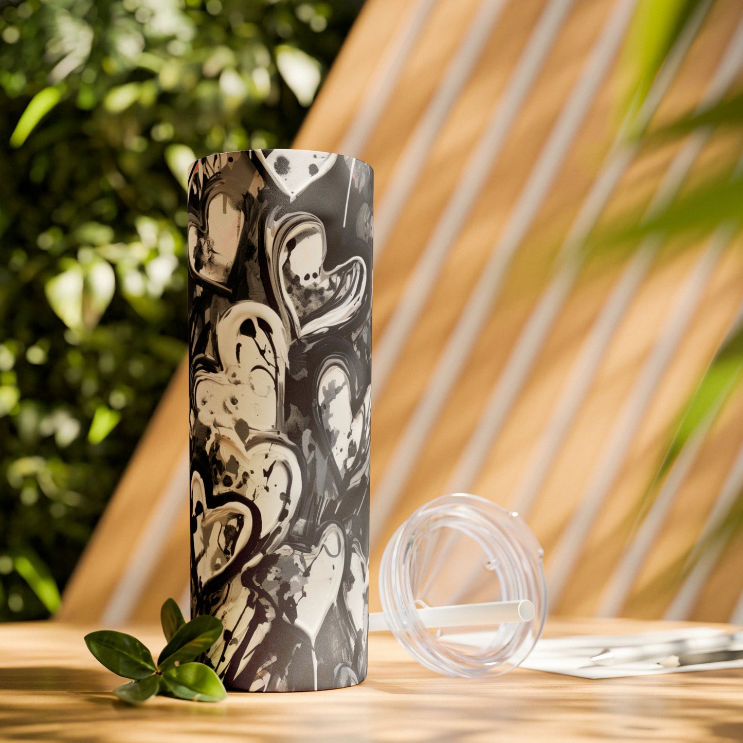 Black and White Painted Hearts - Skinny Tumbler with Straw, 20oz - Stainless Steel