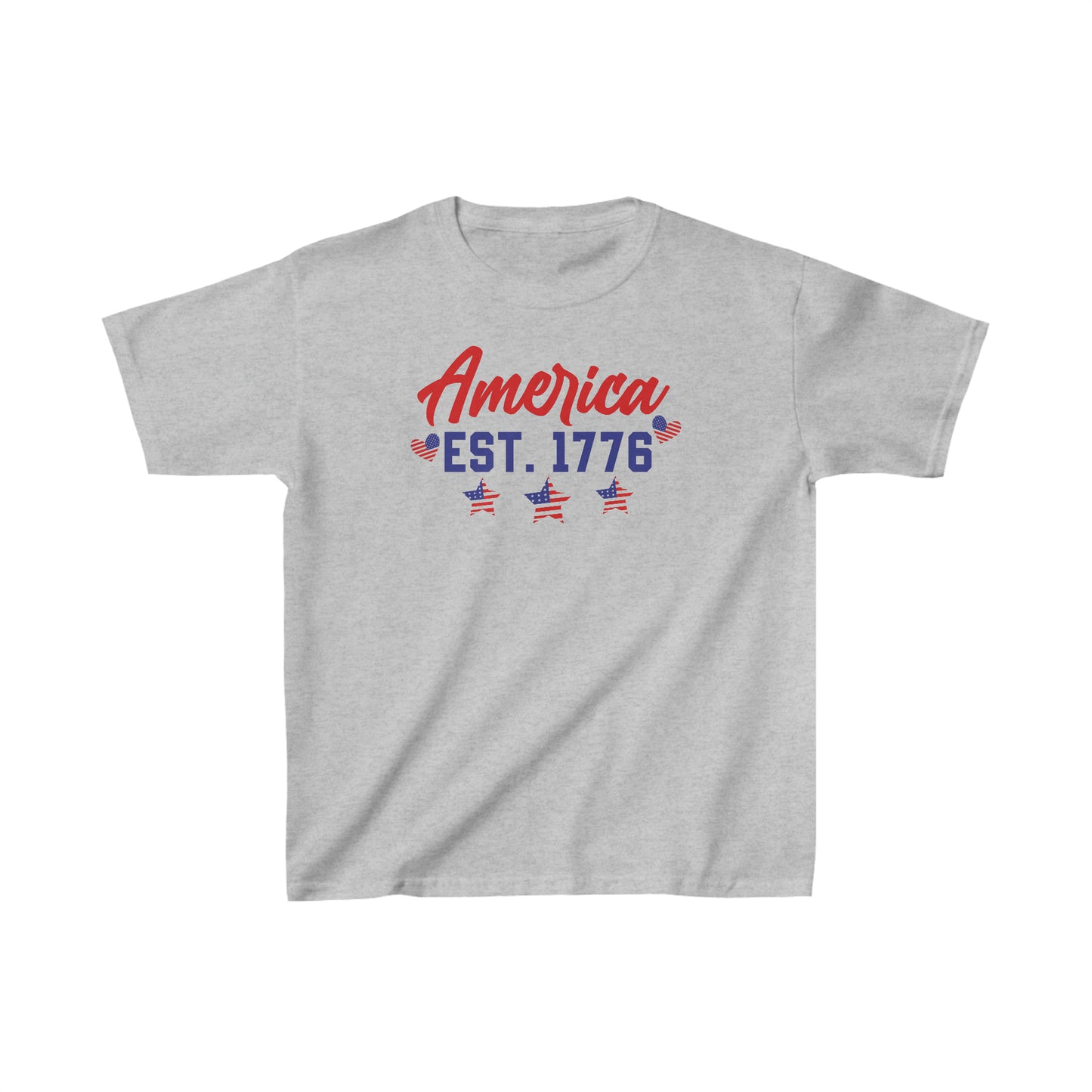 America - Est 1776 - Star - Heart - American Flag - 4th of July - Independence Day - Kids Heavy Cotton Tee