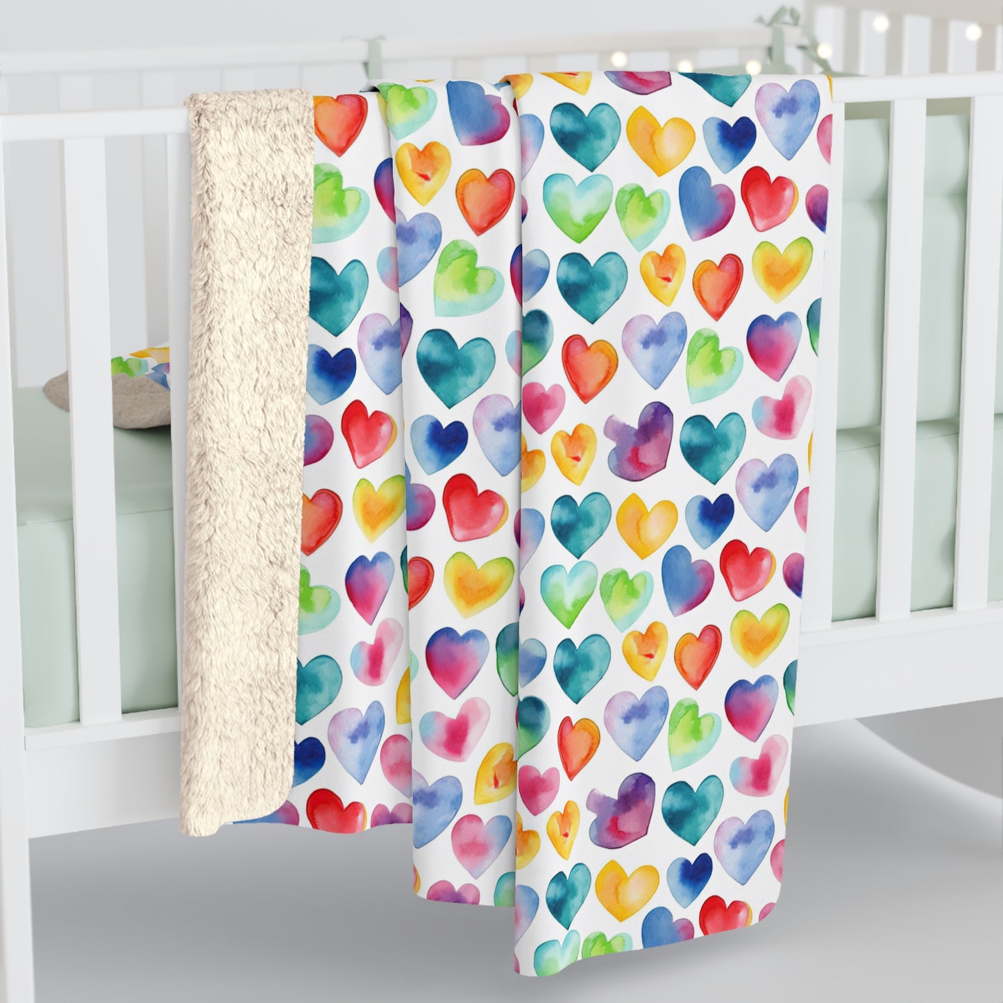 Watercolor Hearts - Rainbow - Multi - Beautiful, Shabby Chic, Boho, Fun - Sherpa Fleece Blanket