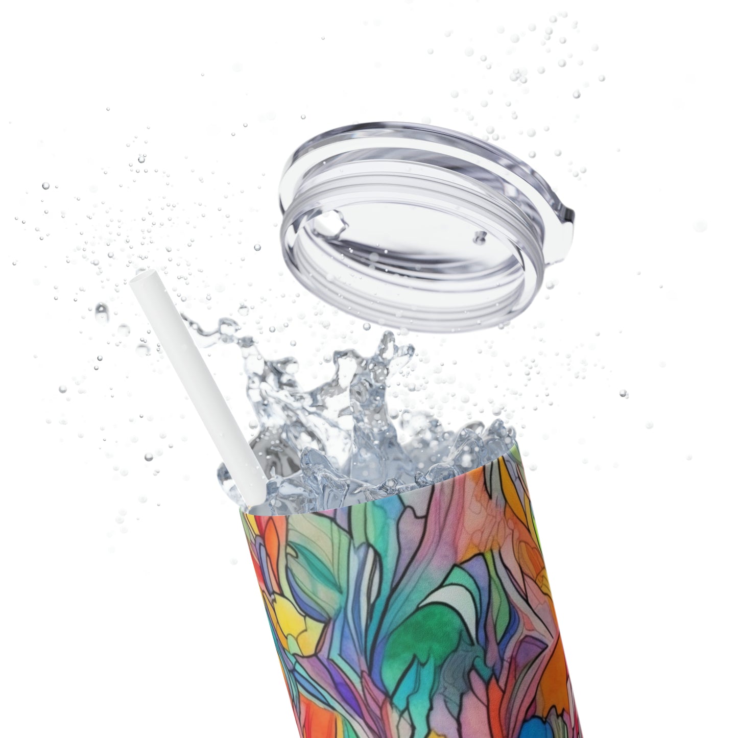 Multicolor Rainbow Watercolor Abstract - Skinny Tumbler with Straw, 20oz - Stainless Steel