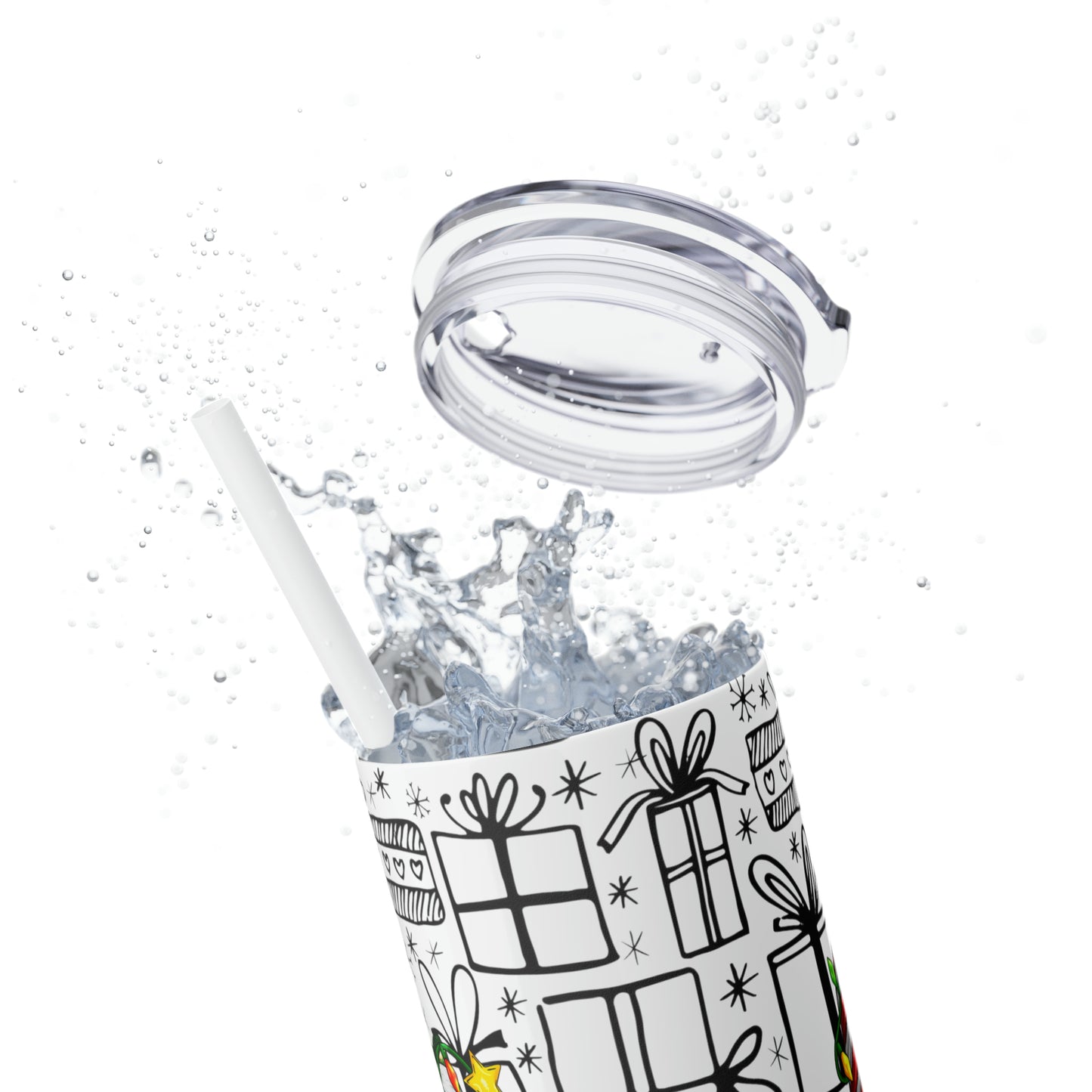 Merry Christmas Gnomes with Lights - Hand Drawn Presents - Skinny Tumbler with Straw, 20oz - Stainless Steel