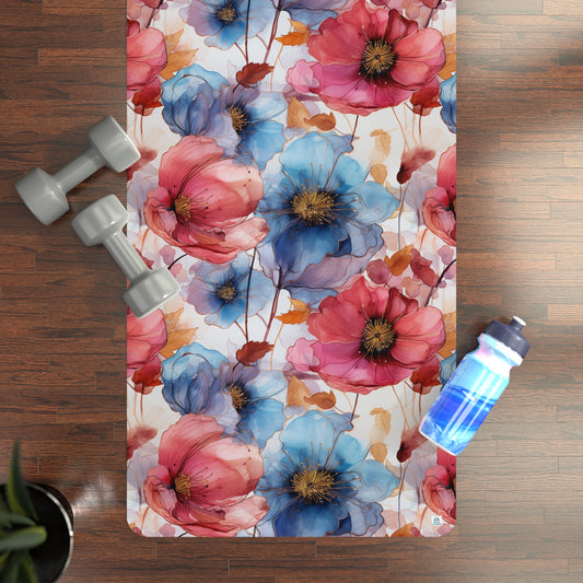 Beautiful Red and Blue Flowers Watercolor 11 - Rubber Yoga Mat