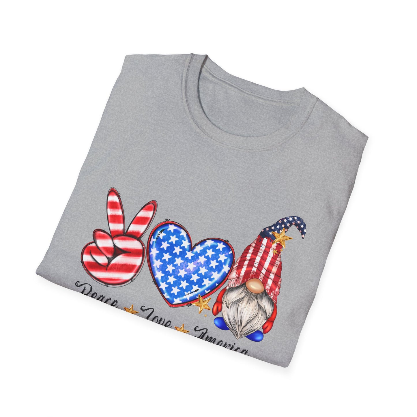 Peace - Love - America - American Flag - Peace Sign - Heart - Gnome - 4th of July - Independence Day - Unisex Softstyle T-Shirt