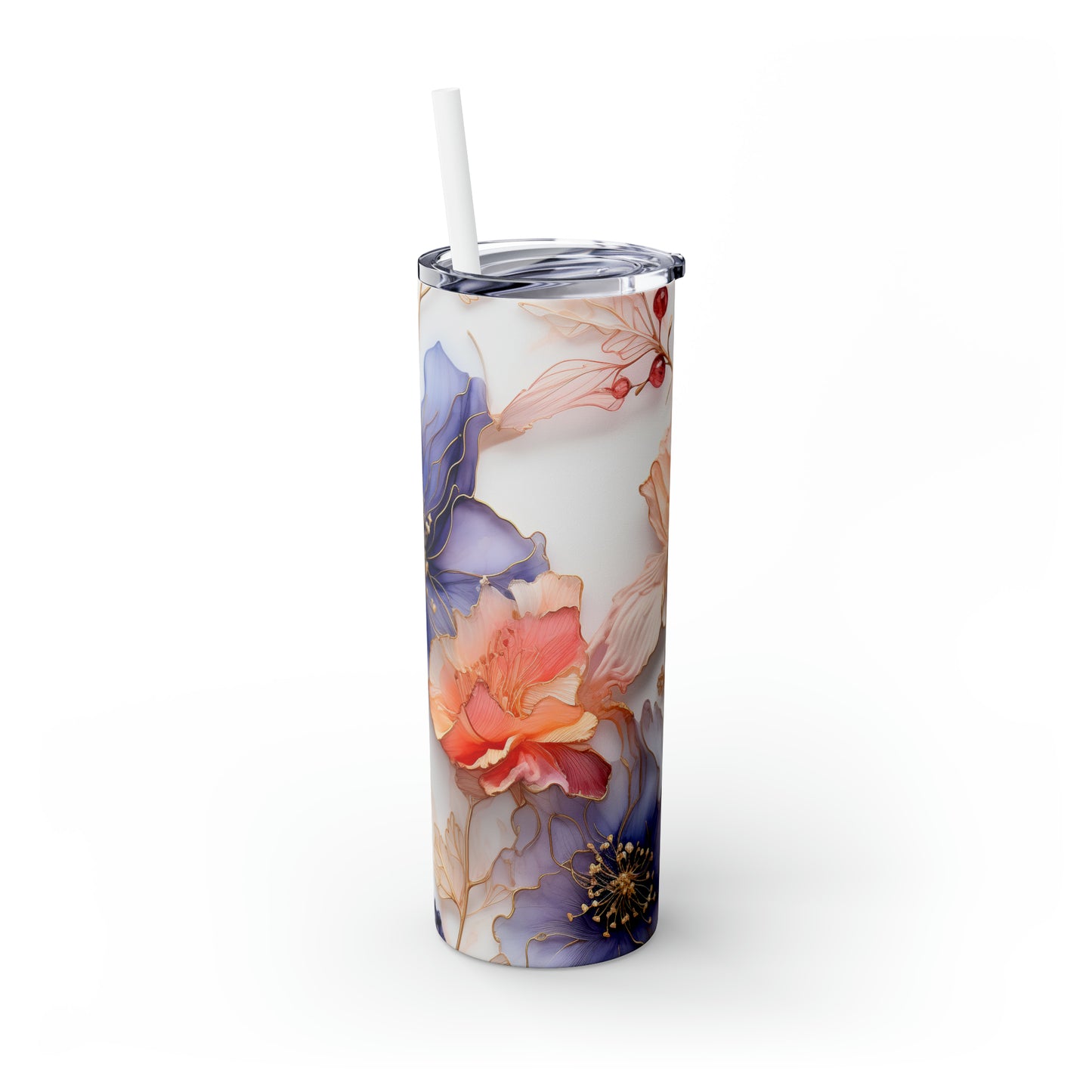 Beautiful Purple Flowers Watercolor 12 - Skinny Tumbler with Straw, 20oz - Stainless Steel