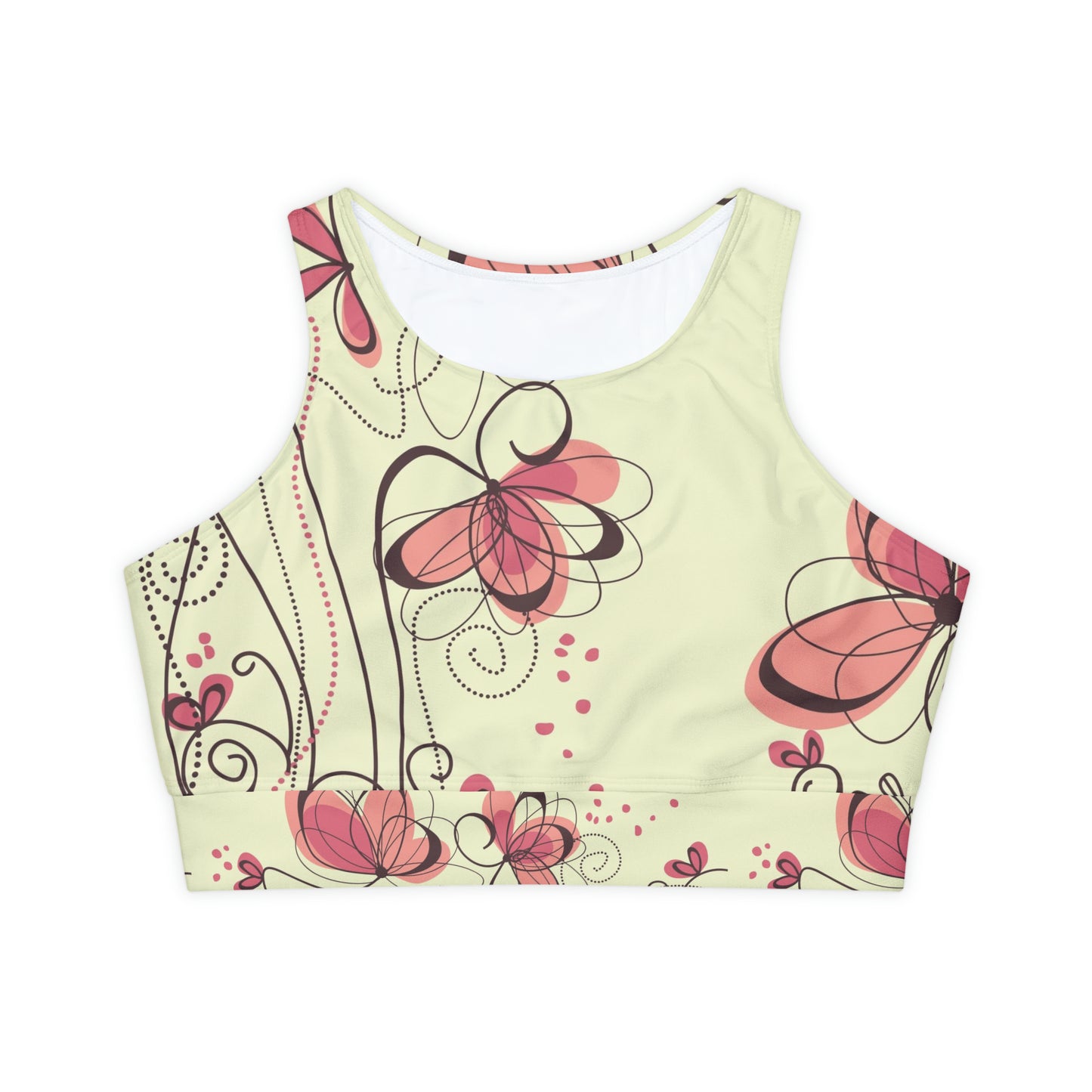 Fully Lined, Padded Sports Bra - Pink Butterflies