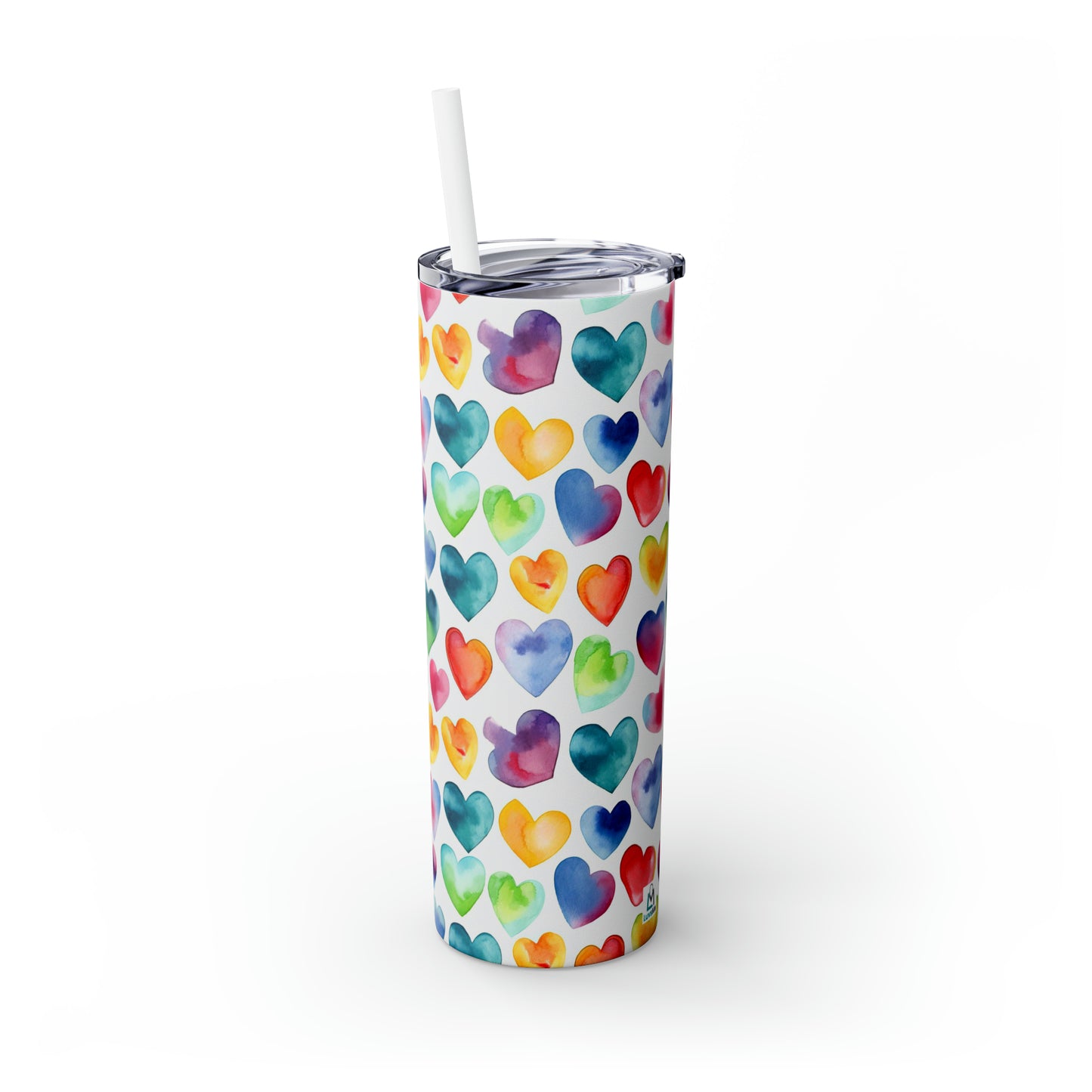 Watercolor Hearts - Rainbow - Multi - Skinny Tumbler with Straw, 20oz - Stainless Steel