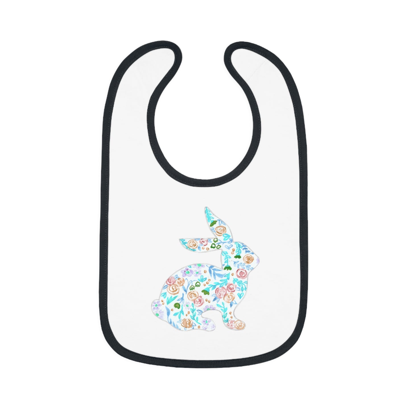 Watercolor Floral Bunny - Blue - Baby Contrast Trim Jersey Bib