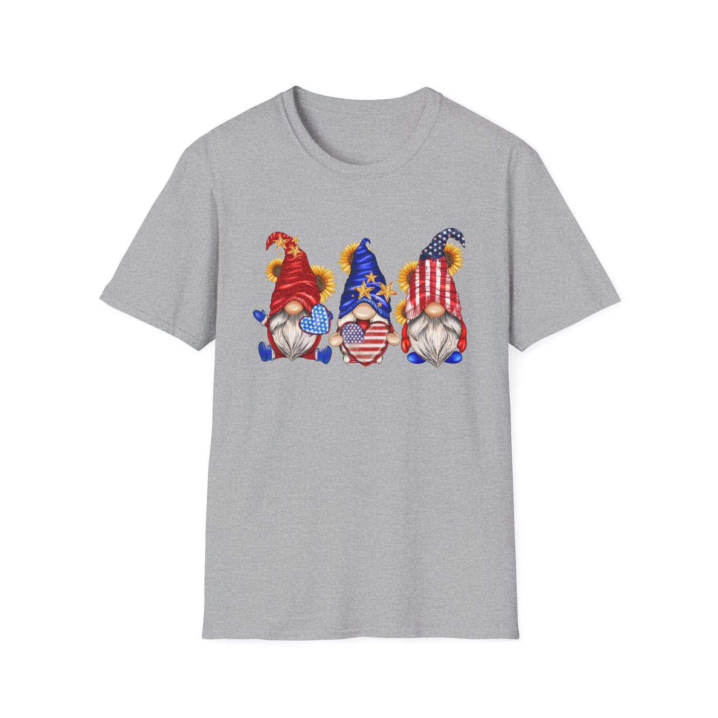 American Flag Hearts and Sunflower Gnomes - 4th of July - Independence Day - Unisex Softstyle T-Shirt