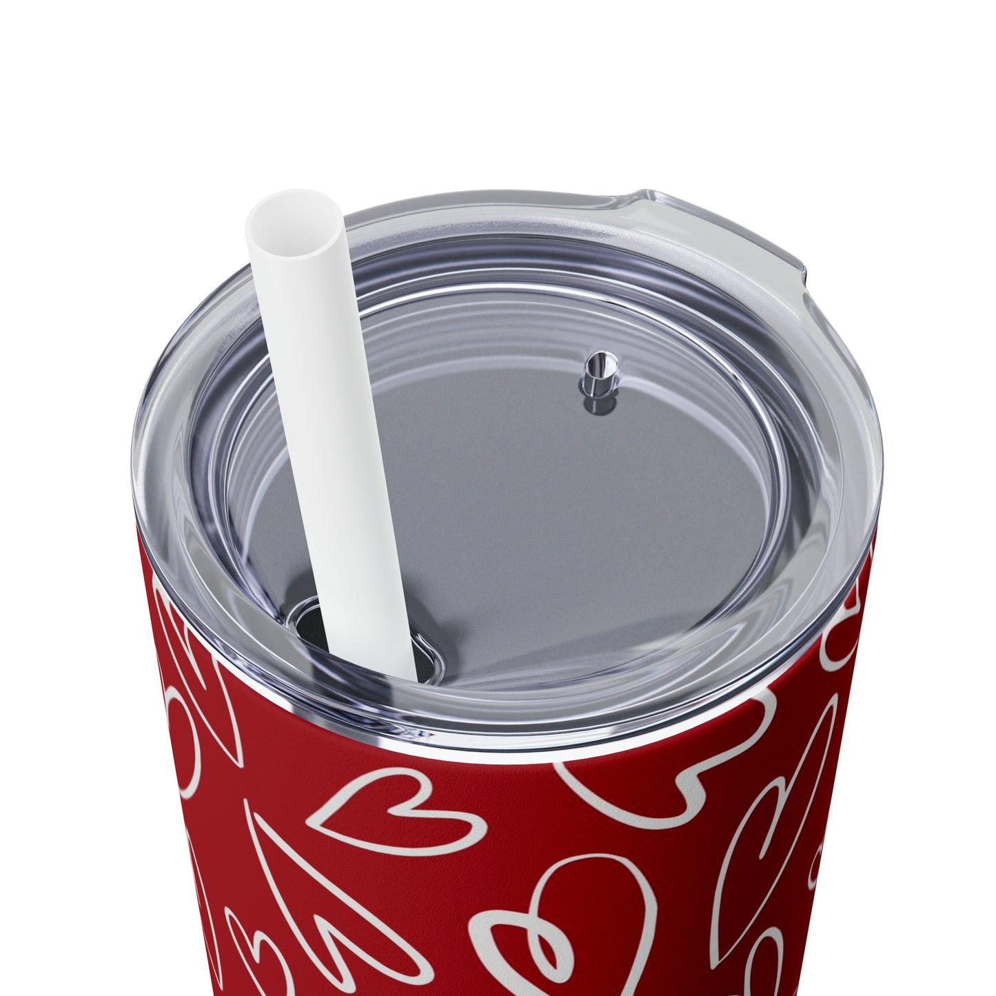 Red with White Hearts - Hand Drawn - Skinny Tumbler with Straw, 20oz - Stainless Steel