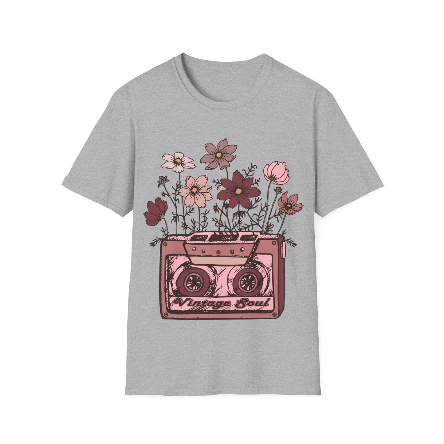 Vintage Cassette Tape with Flowers - Pink - Unisex Softstyle T-Shirt