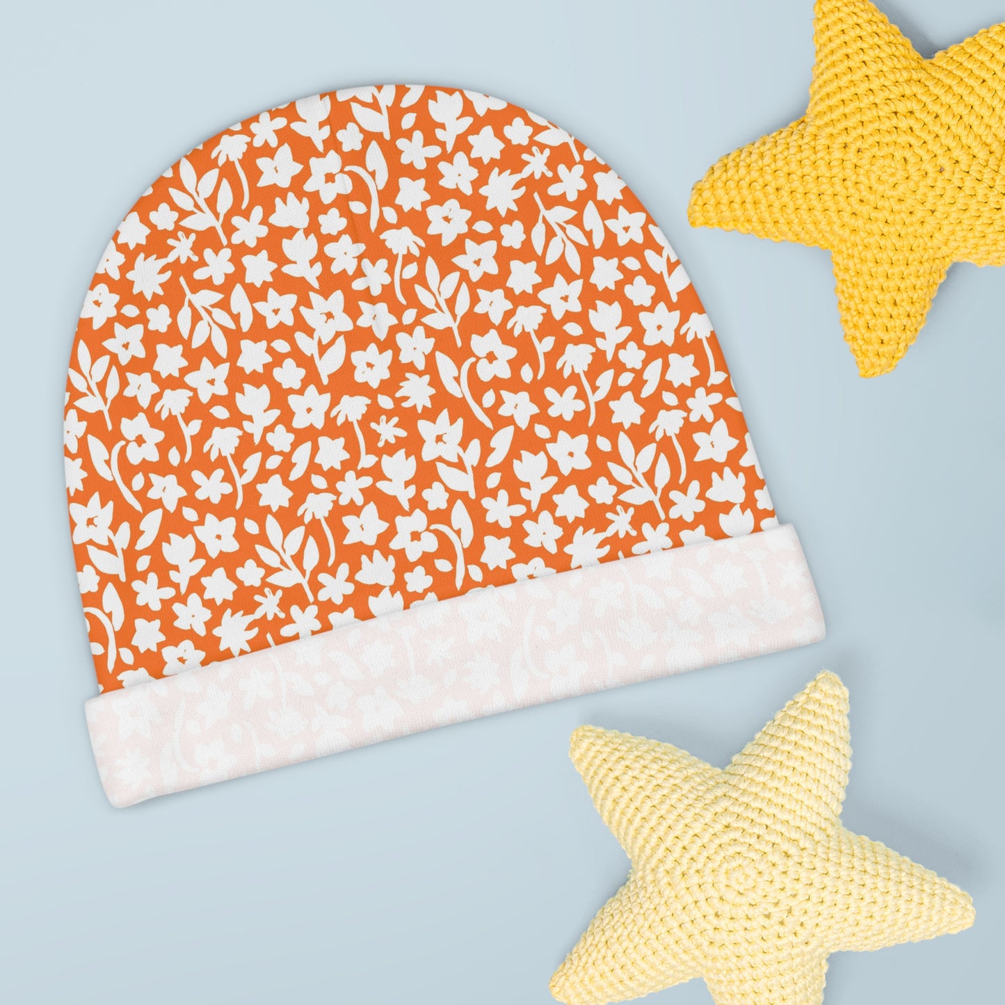 Orange with White Flowers - Super Cute - Baby Beanie