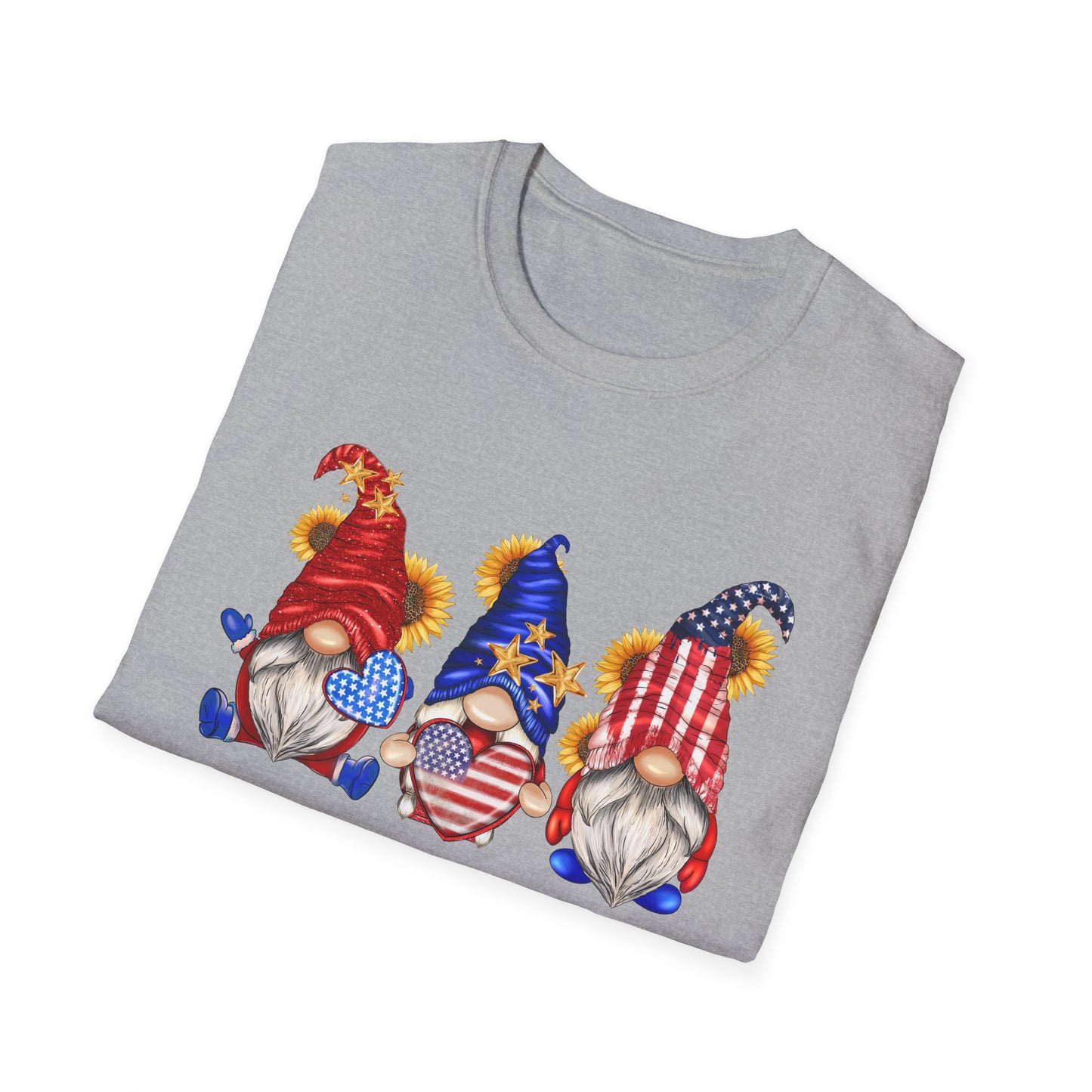 American Flag Hearts and Sunflower Gnomes - 4th of July - Independence Day - Unisex Softstyle T-Shirt