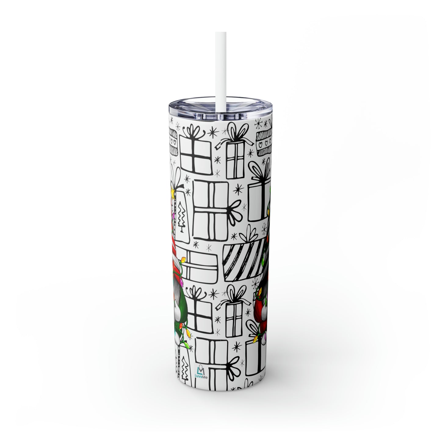 Merry Christmas Gnomes with Lights - Hand Drawn Presents - Skinny Tumbler with Straw, 20oz - Stainless Steel