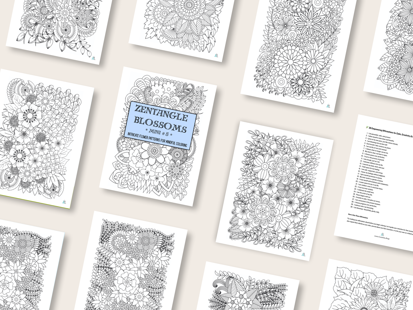 Zentangle Blossoms - Mini 5 - Intricate Flower Patterns for Mindful Coloring - Digital Download