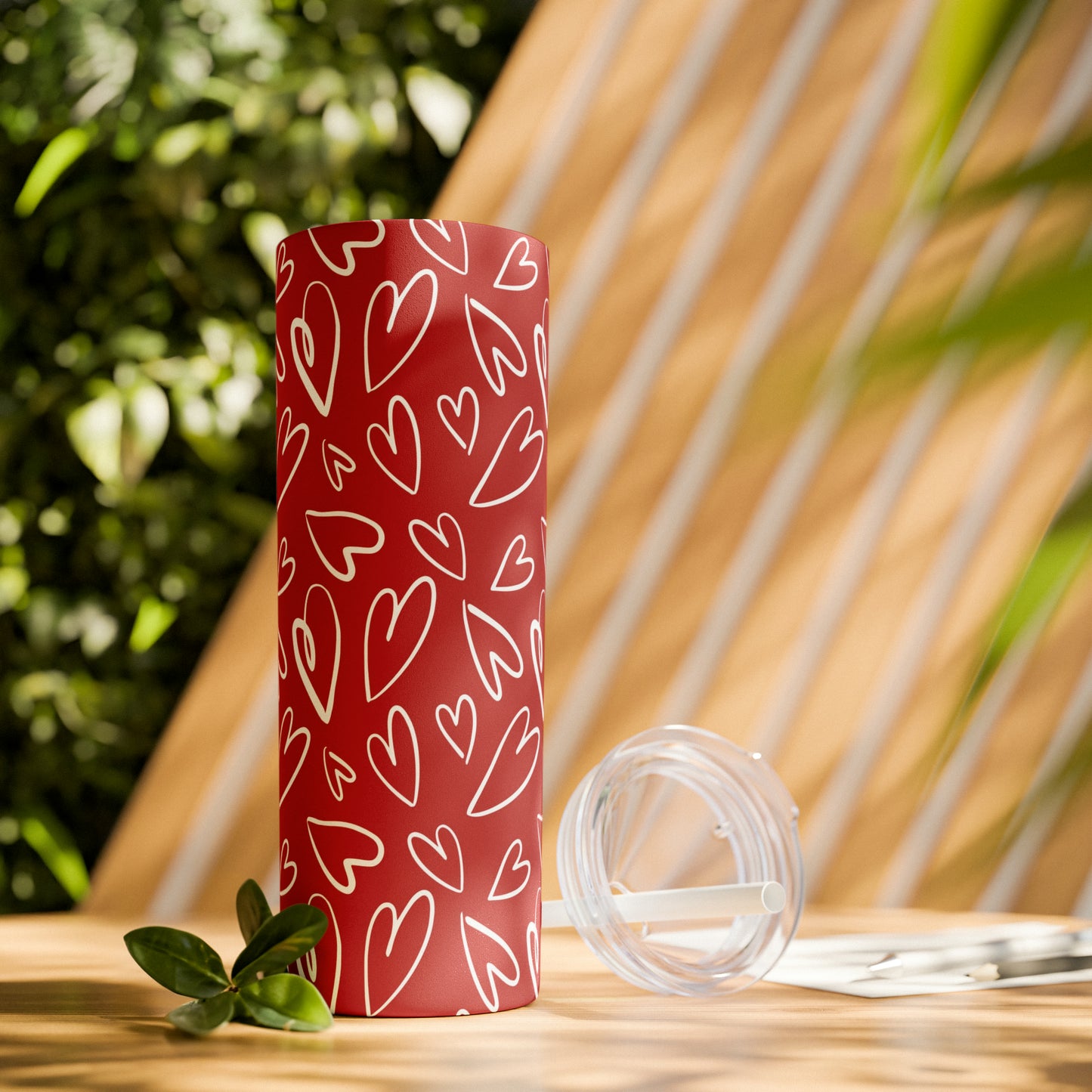 Red with White Hearts - Hand Drawn - Skinny Tumbler with Straw, 20oz - Stainless Steel