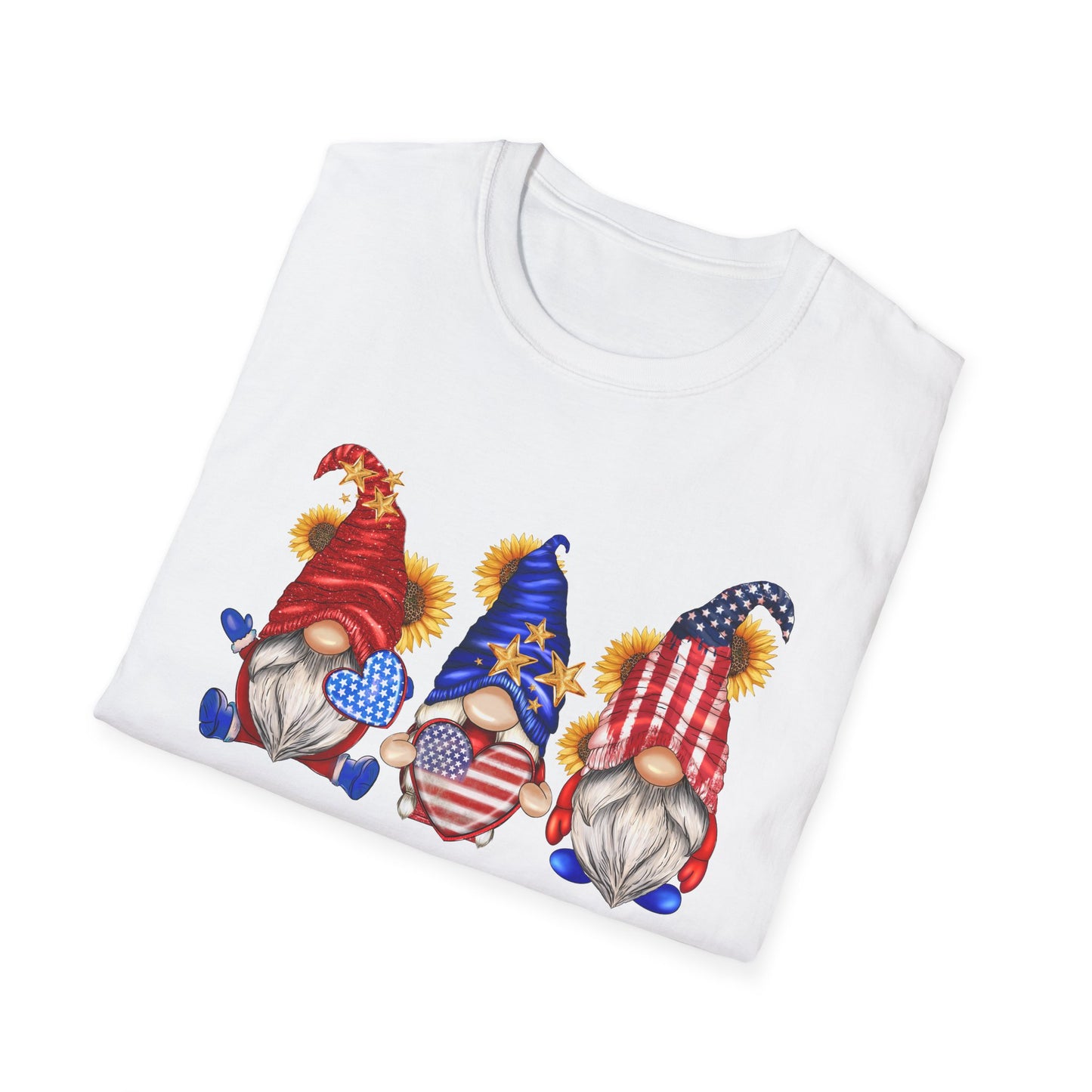 American Flag Hearts and Sunflower Gnomes - 4th of July - Independence Day - Unisex Softstyle T-Shirt