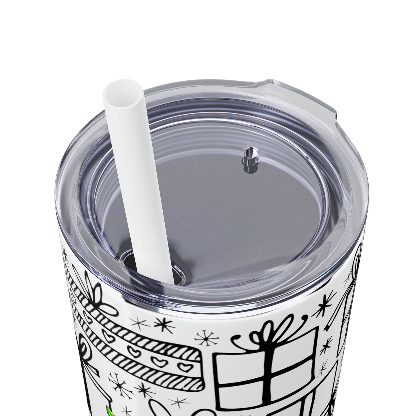 Merry Christmas Gnomes with Lights - Hand Drawn Presents - Skinny Tumbler with Straw, 20oz - Stainless Steel