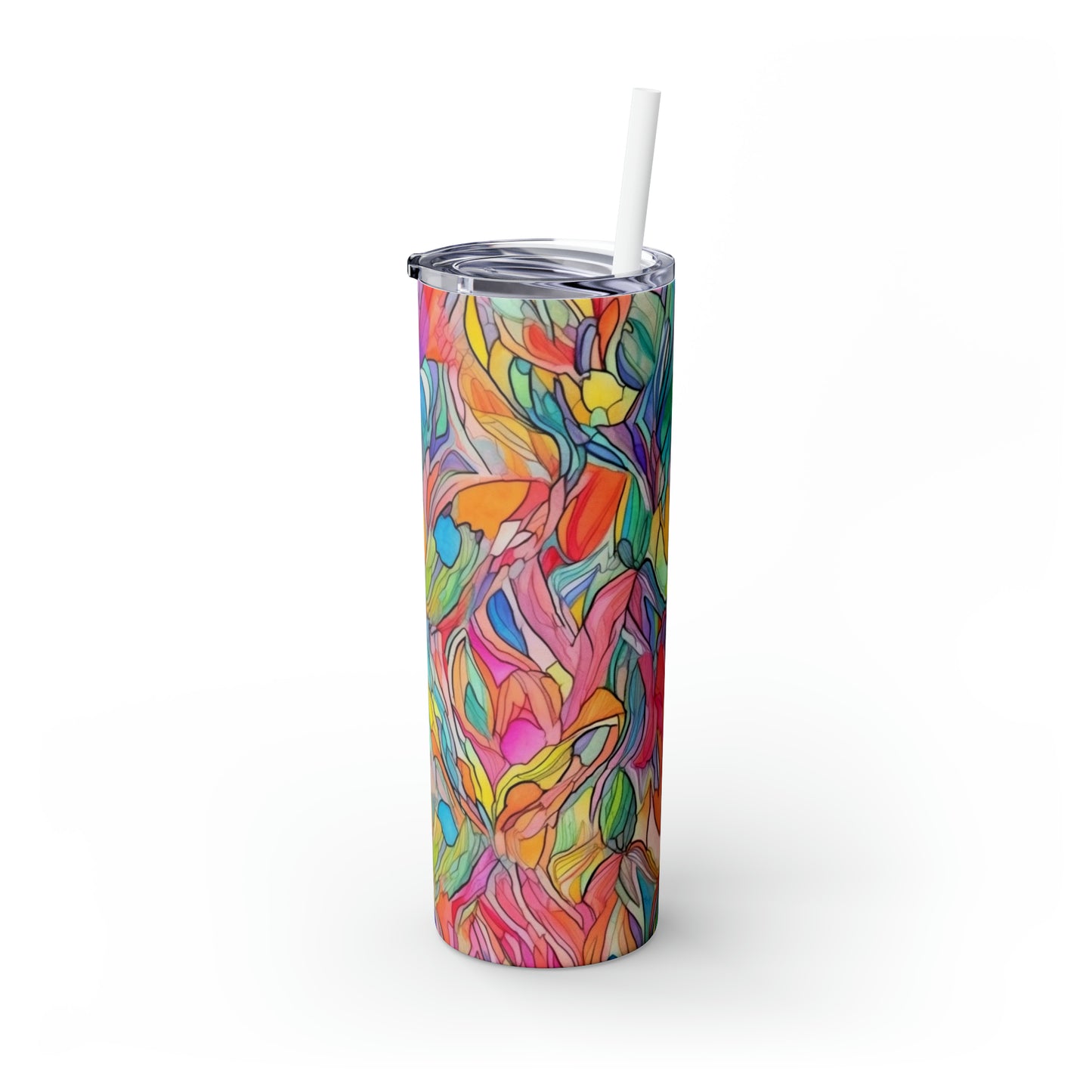 Multicolor Rainbow Watercolor Abstract - Skinny Tumbler with Straw, 20oz - Stainless Steel