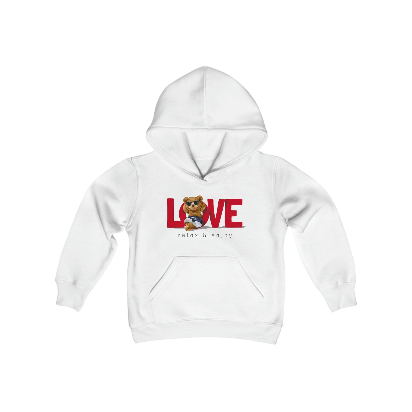 LOVE Teddy Bear - Relax and Enjoy - Self Love - Self Acceptance - Inspire - Youth Heavy Blend Hooded Sweatshirt