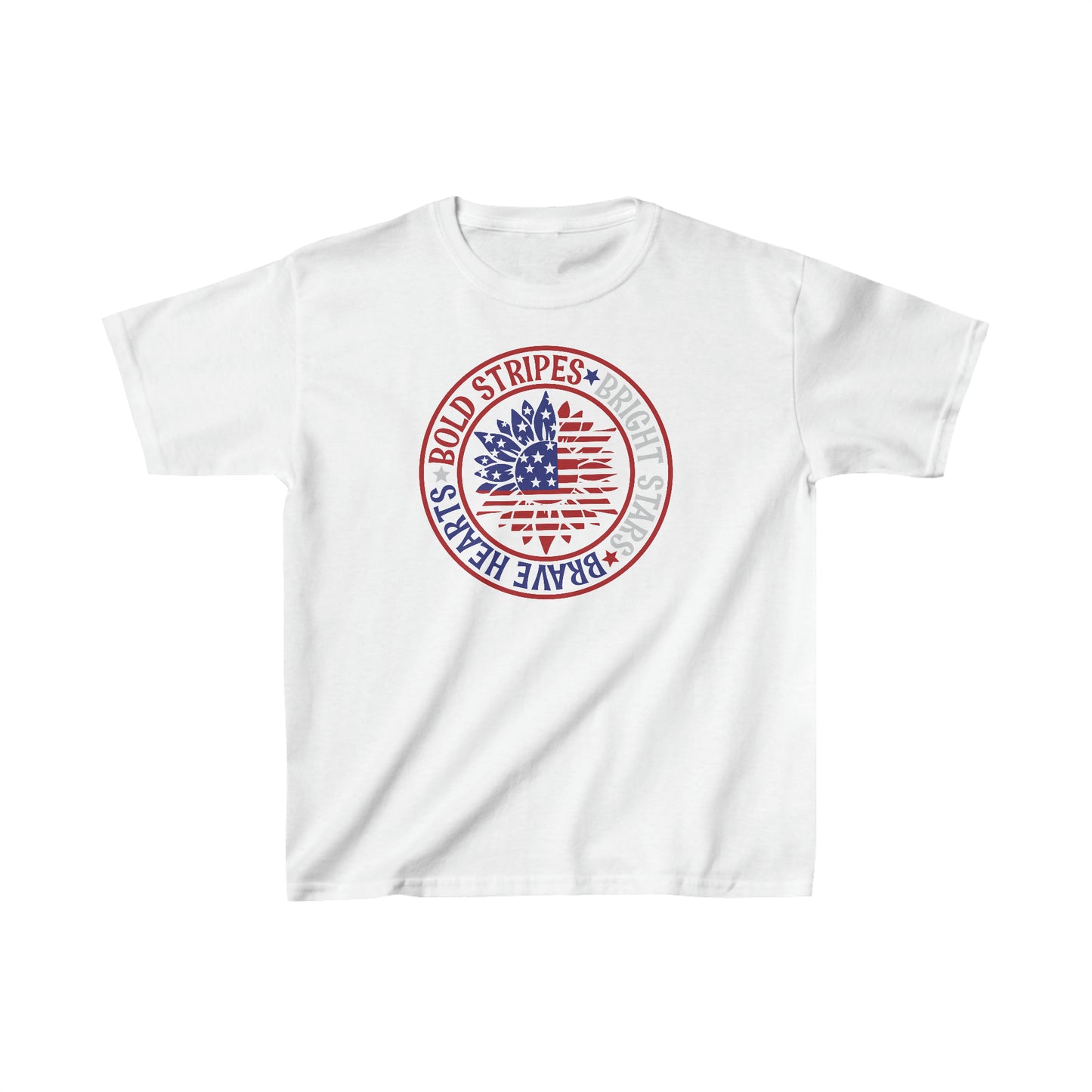 Bold Stripes, Bright Stars, Brave Hearts - American Flag - Sunflower - 4th of July - Independence Day - Kids Heavy Cotton Tee
