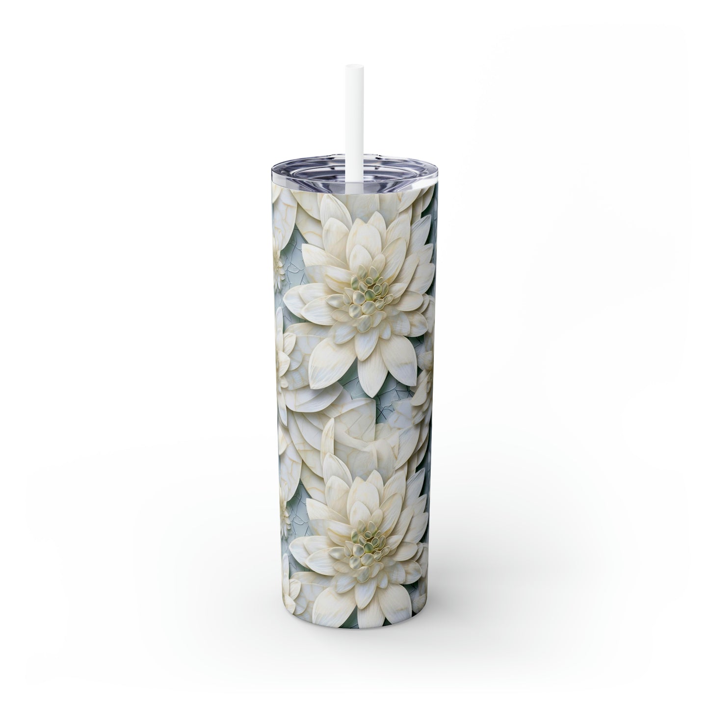 Mosaic White Lotus 7 - Skinny Tumbler with Straw, 20oz - Stainless Steel