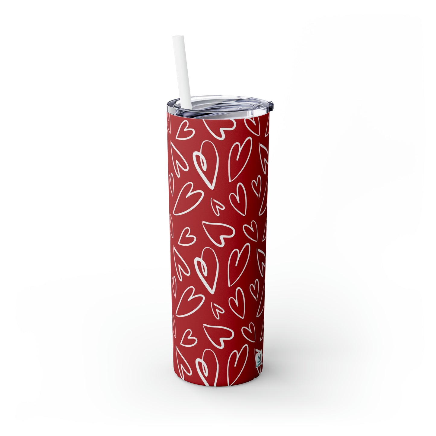 Red with White Hearts - Hand Drawn - Skinny Tumbler with Straw, 20oz - Stainless Steel