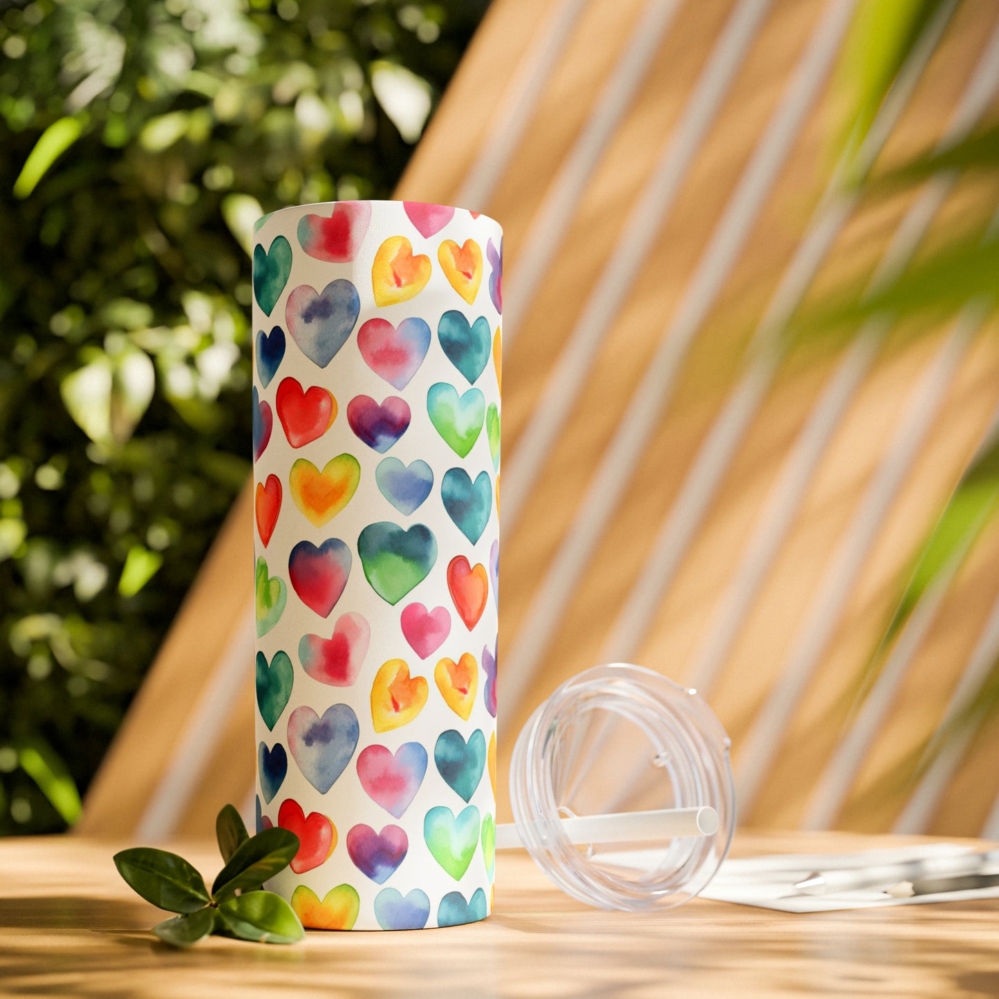 Watercolor Hearts - Rainbow - Multi - Skinny Tumbler with Straw, 20oz - Stainless Steel