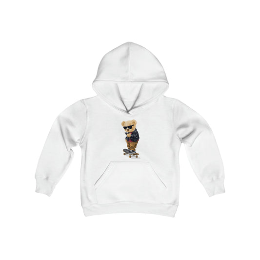 Skateboarding Teddy Bear - Sunglasses - Phone - Cool Bear - Youth Heavy Blend Hooded Sweatshirt