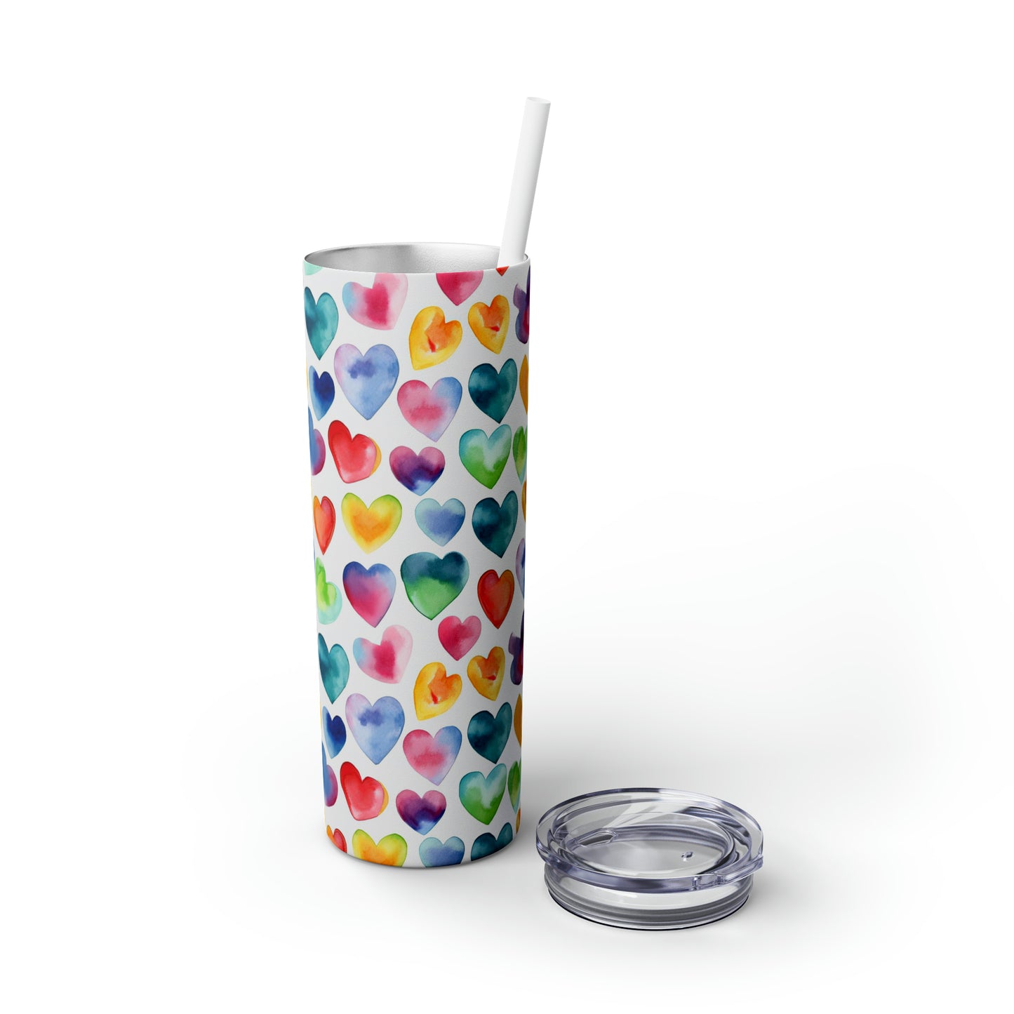 Watercolor Hearts - Rainbow - Multi - Skinny Tumbler with Straw, 20oz - Stainless Steel