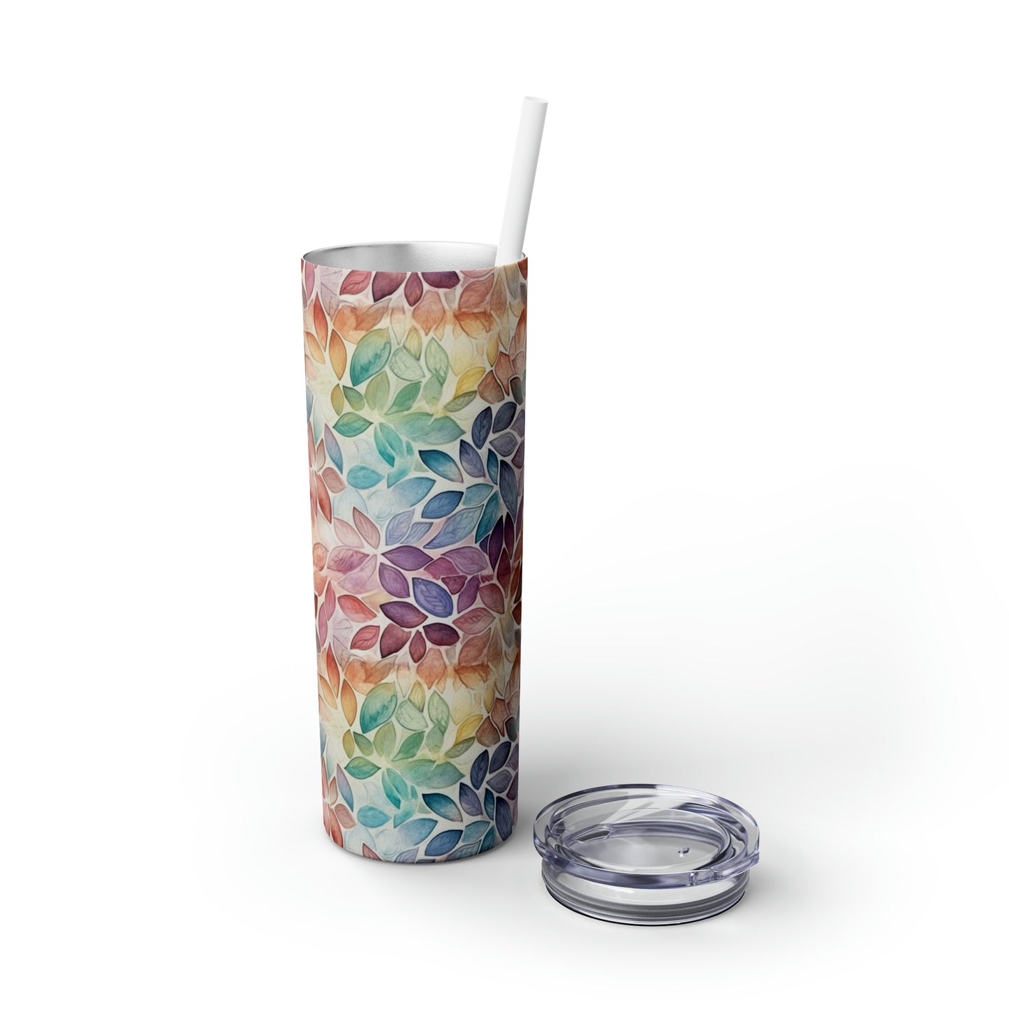 Multicolor Rainbow Watercolor Leaves - Skinny Tumbler with Straw, 20oz - Stainless Steel