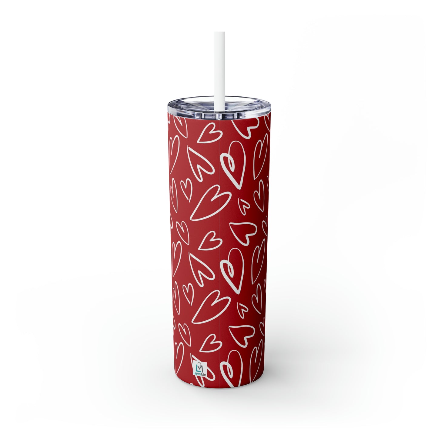 Red with White Hearts - Hand Drawn - Skinny Tumbler with Straw, 20oz - Stainless Steel