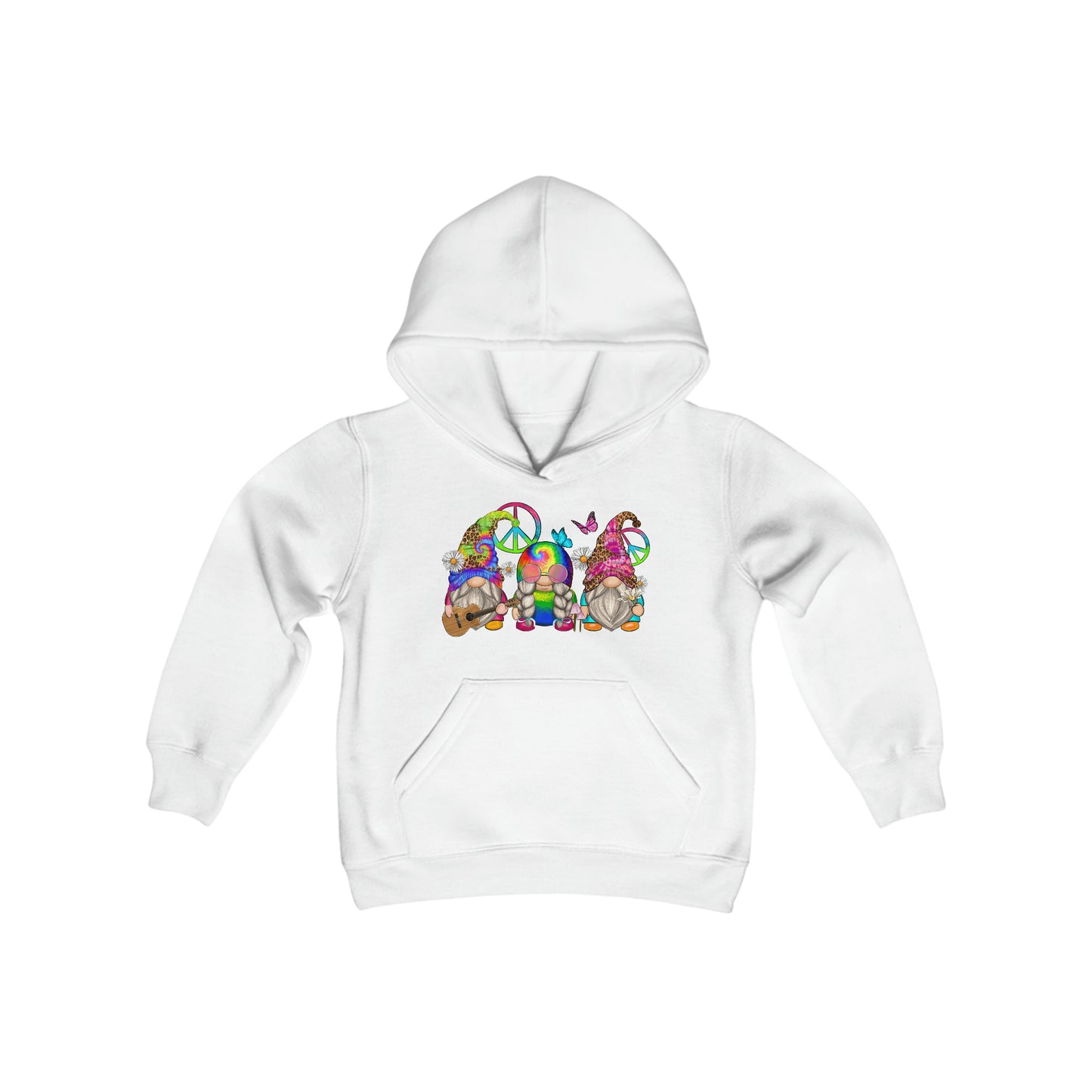 Cute Hippie Gnomes - Tie Dye - Peace Sign - Youth Heavy Blend Hooded Sweatshirt