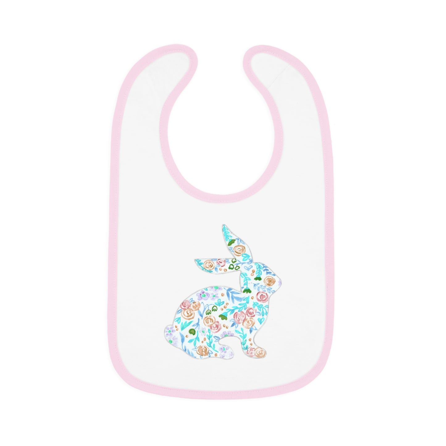 Watercolor Floral Bunny - Blue - Baby Contrast Trim Jersey Bib