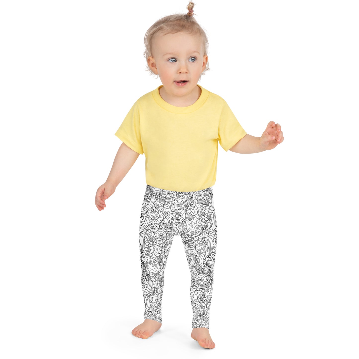 White with Black Hand Drawn Paisleys - Kid's Leggings