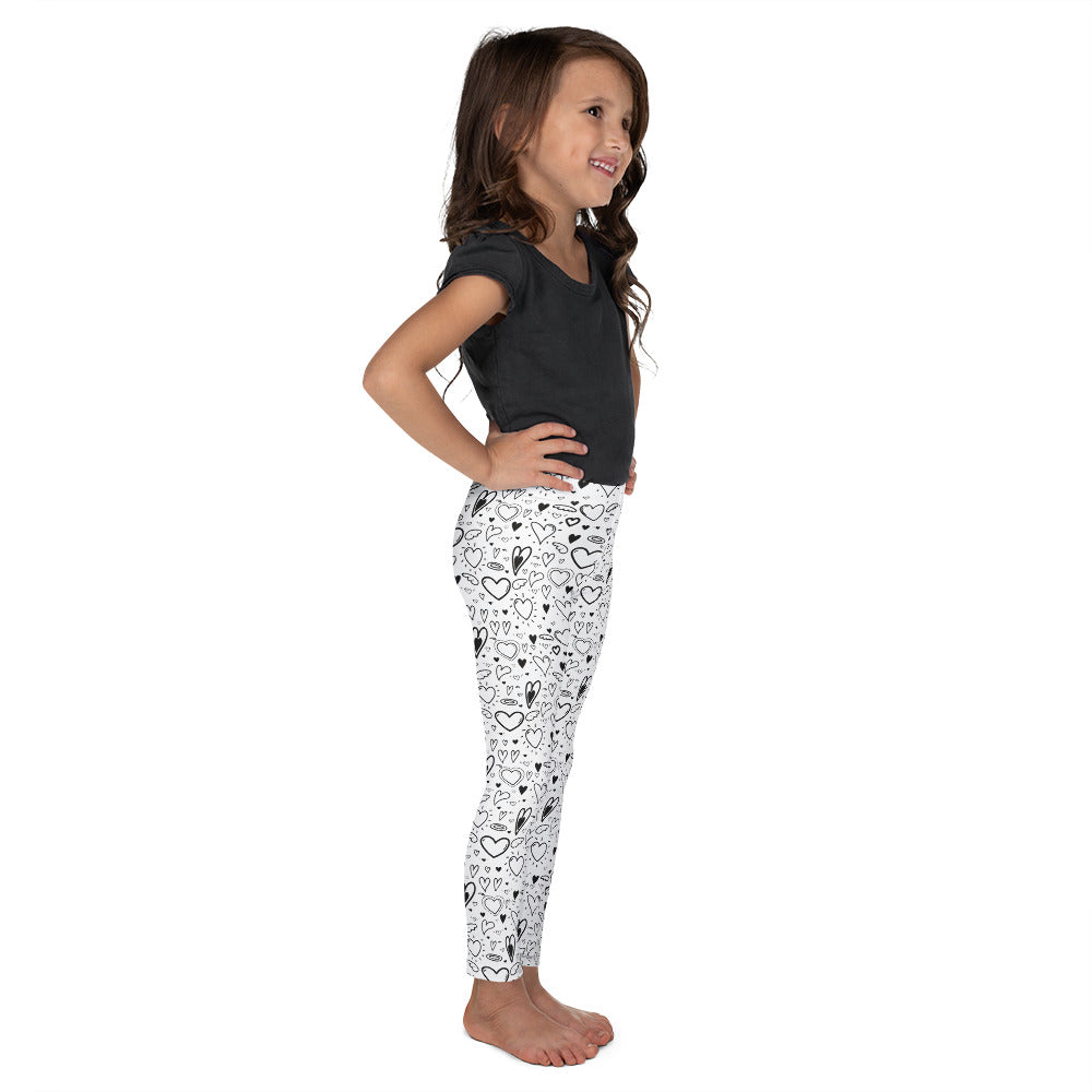 White with Black Hand Drawn Hearts - Kid's Leggings