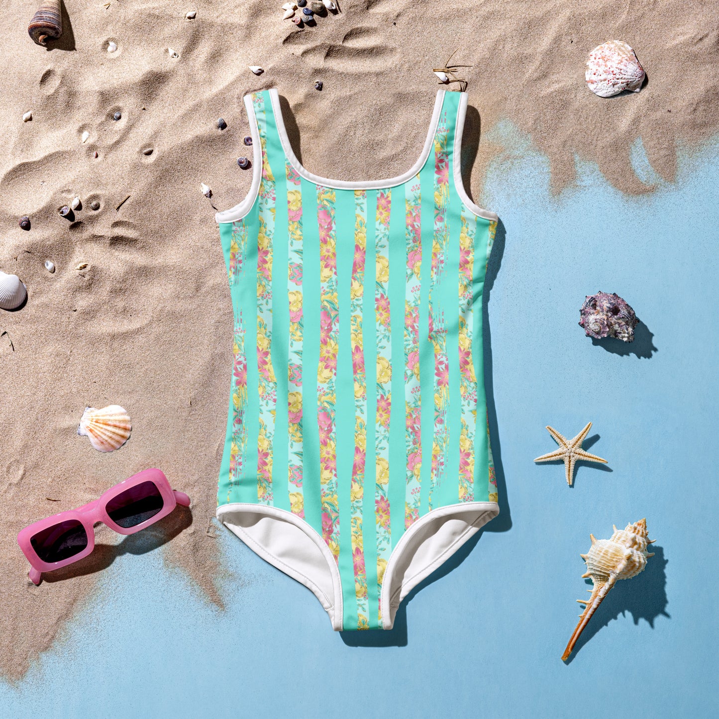 Mint and Flower Stripes - Kids Swimsuit