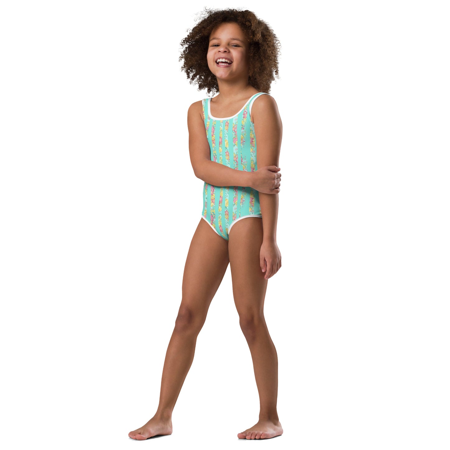 Mint and Flower Stripes - Kids Swimsuit