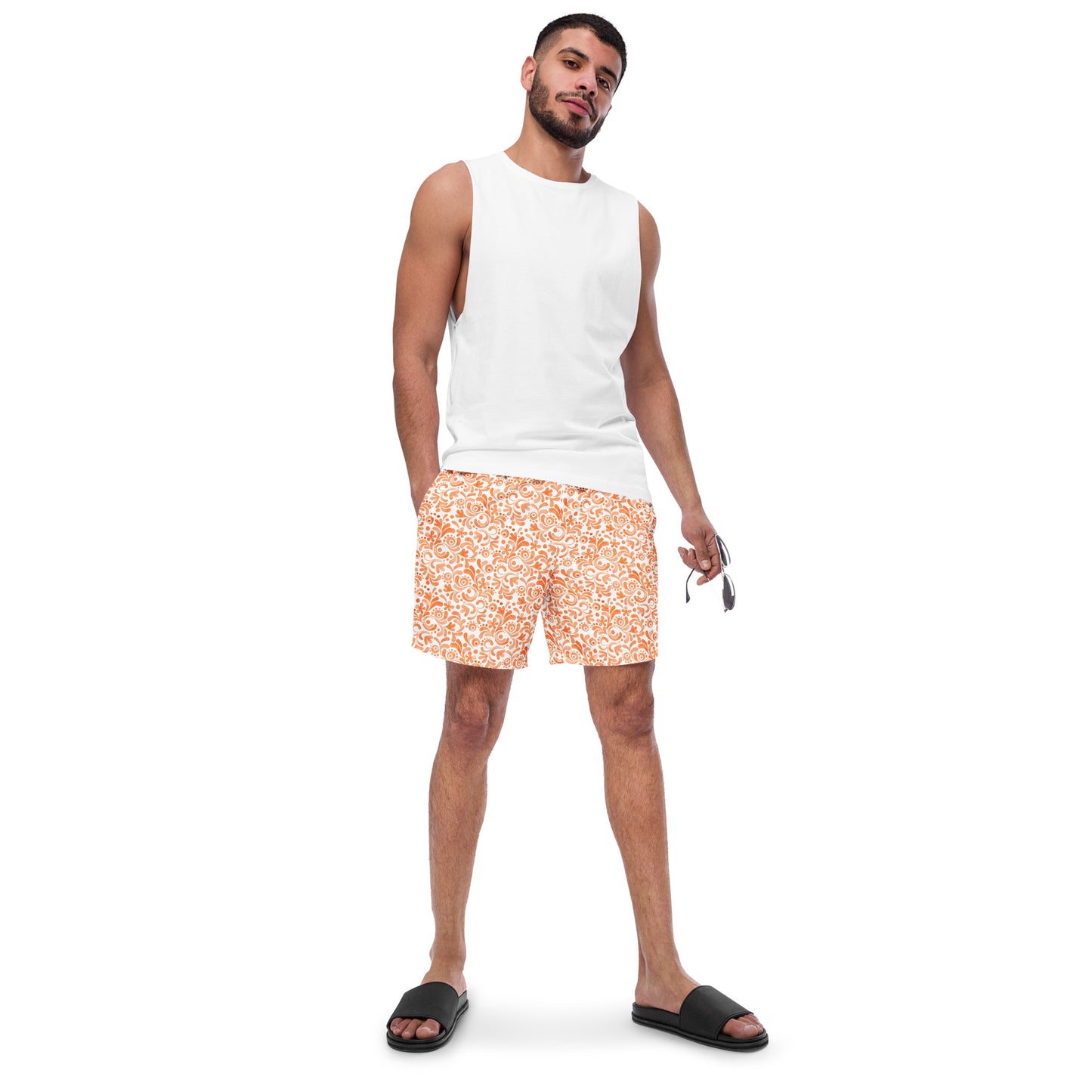 Orange and White Watercolor Swirls - Swim Trunks