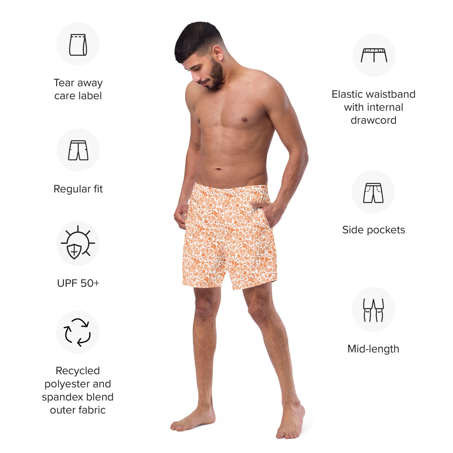 Orange and White Watercolor Swirls - Swim Trunks