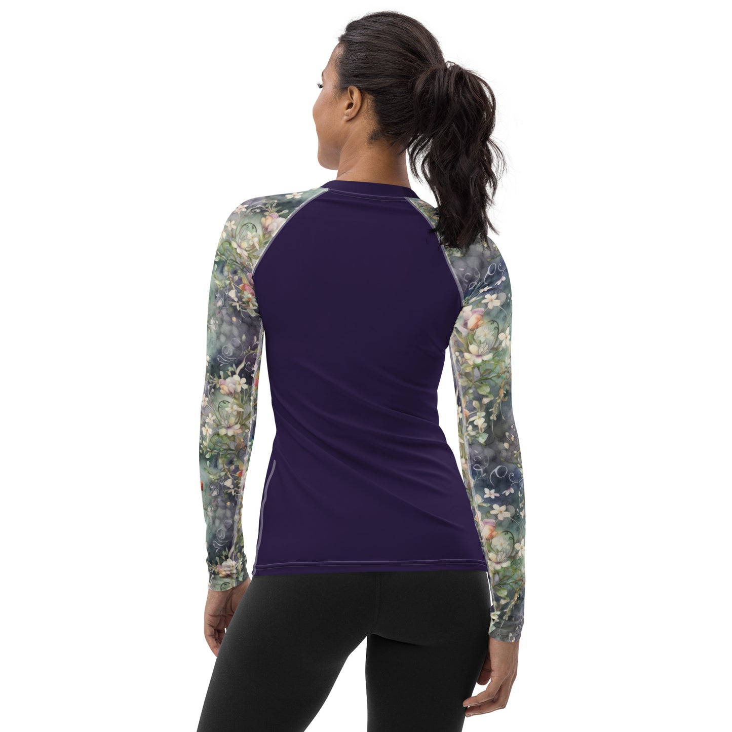 Watercolor Flowers - Dark Sleeves - Navy Body - Women's Rash Guard