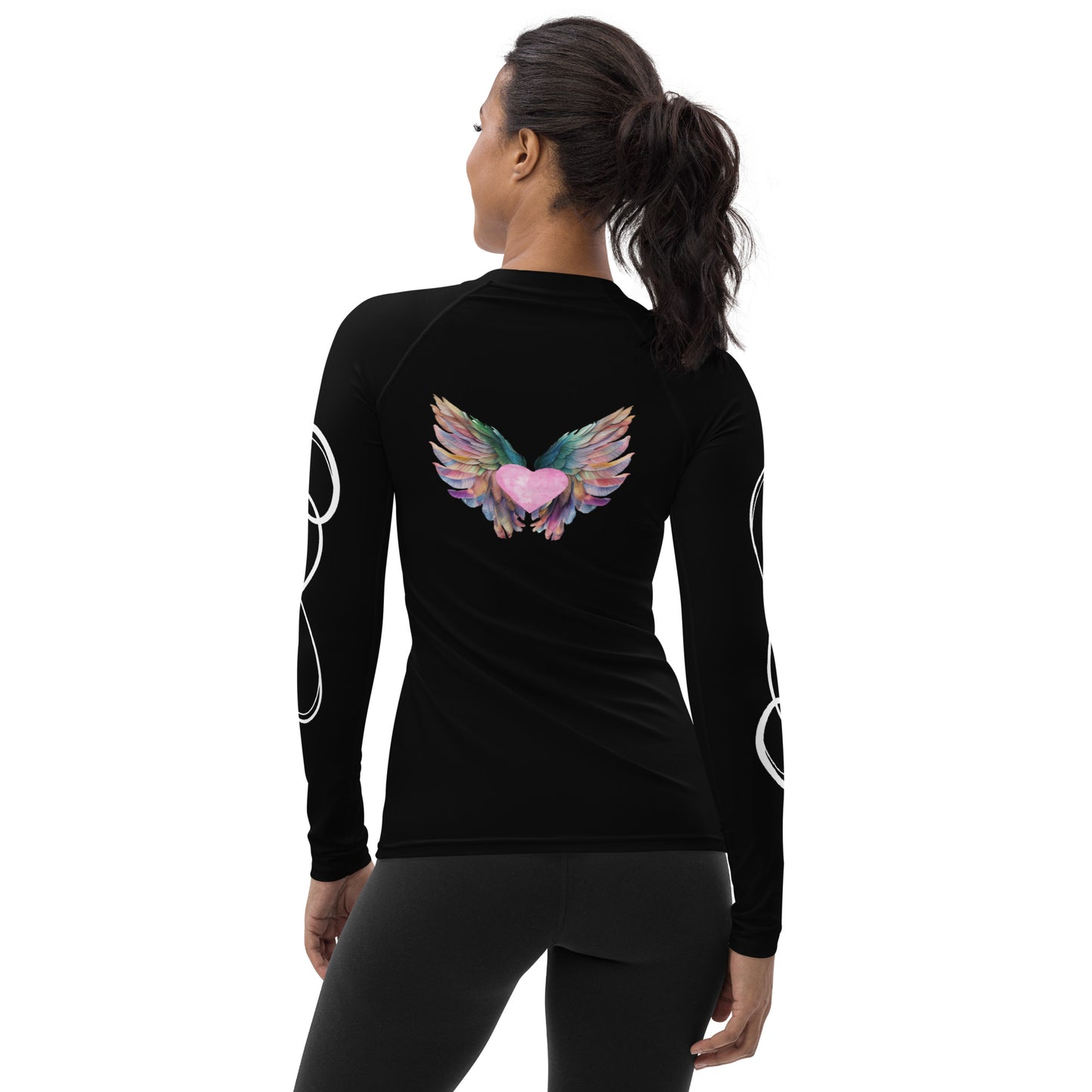 Watercolor Wings and Heart - Strong - Black - Women's Rash Guard