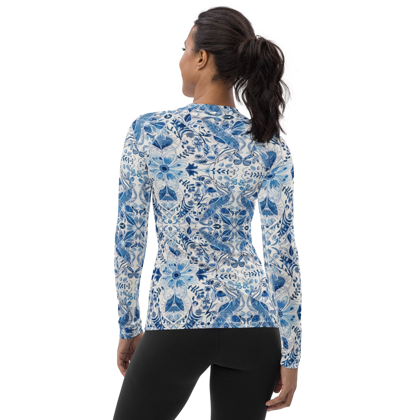 White with Blue Flowers - Women's Rash Guard