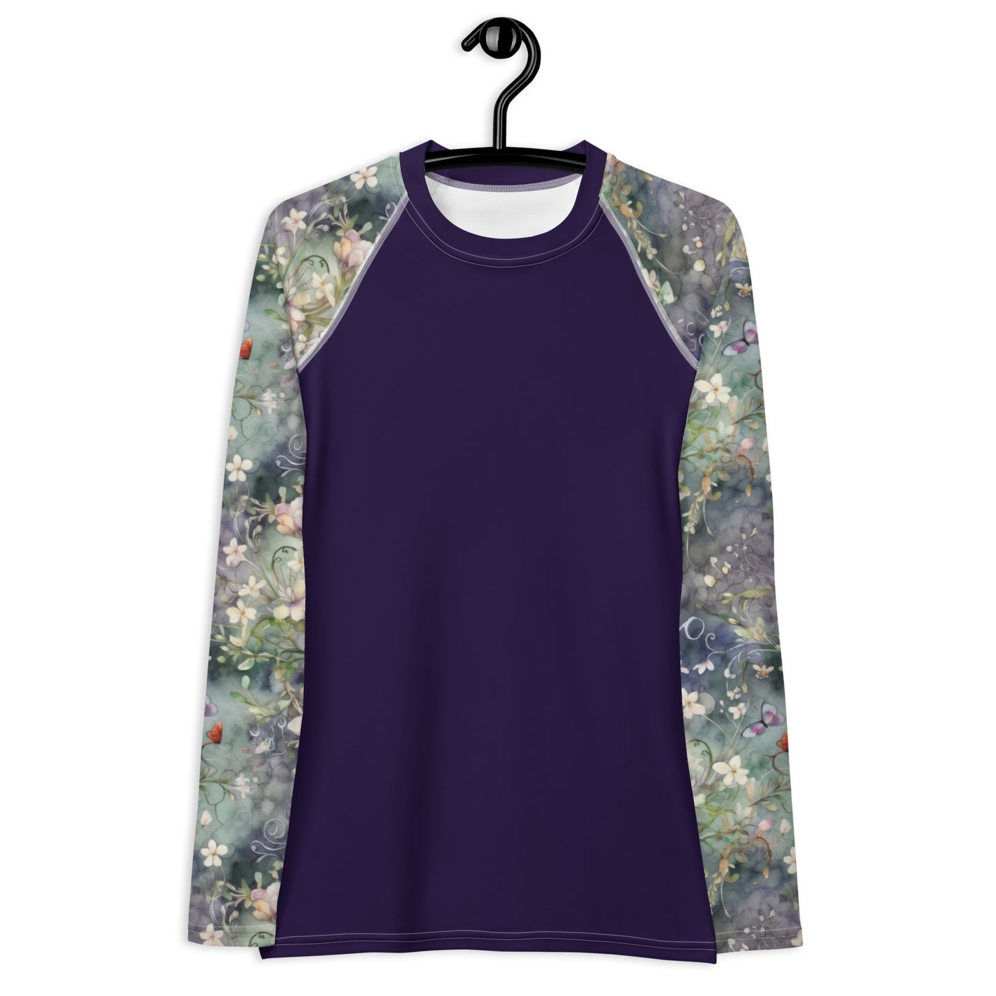 Watercolor Flowers - Dark Sleeves - Navy Body - Women's Rash Guard